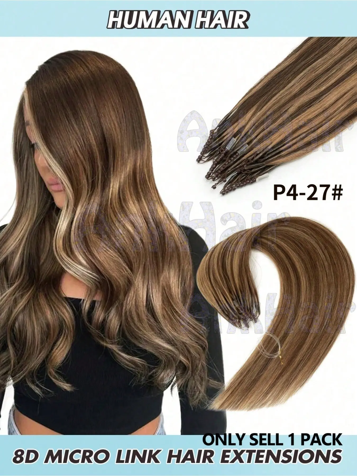 8D Micro Hair Extensions, Real Hair Micro Bead Extensions, Straight, Chocolate to Caramel Blonde, Nano Rings, Invisible Mini Silicone Beads