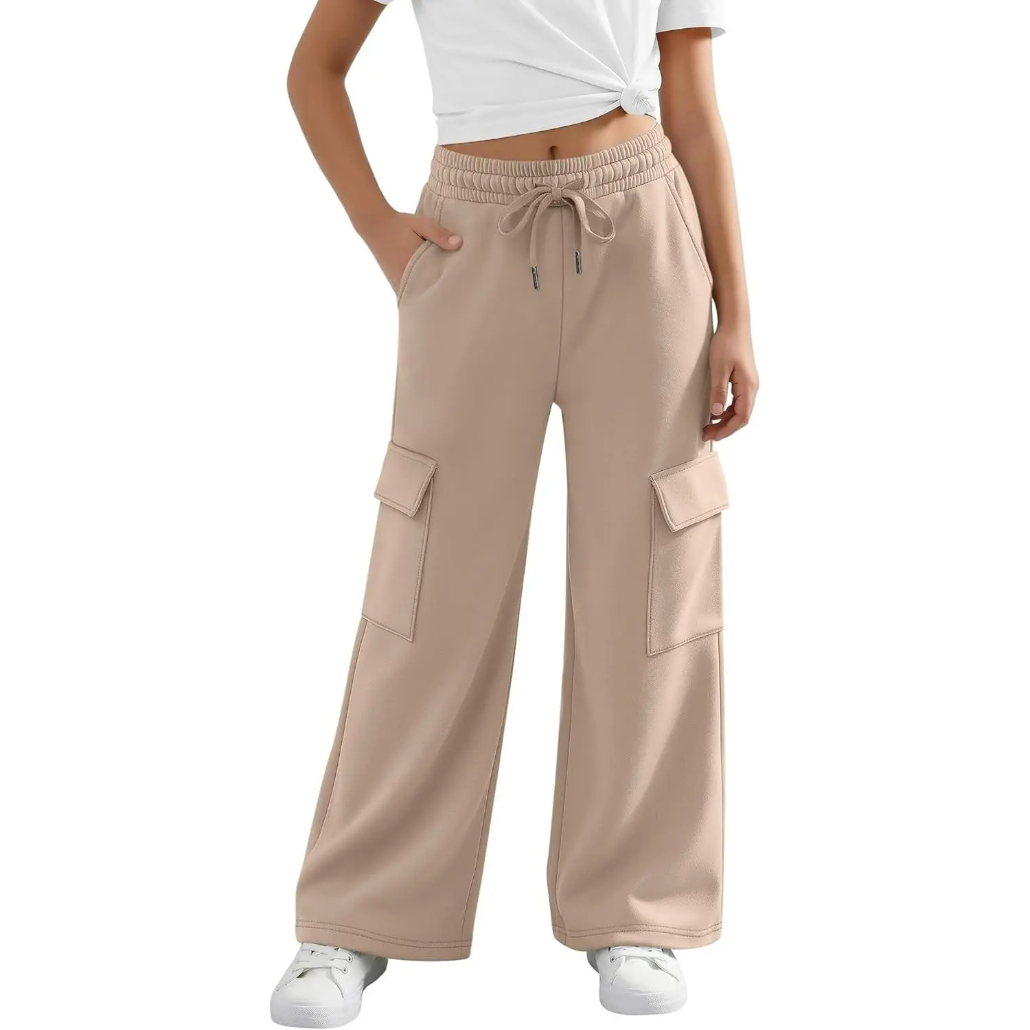 Girl's Cotton Blend Cargo Sweatpants - Wide Leg, Baggy, Open Bottom Athletic Joggers with 4 Multiple Pockets for School Wear Uniform