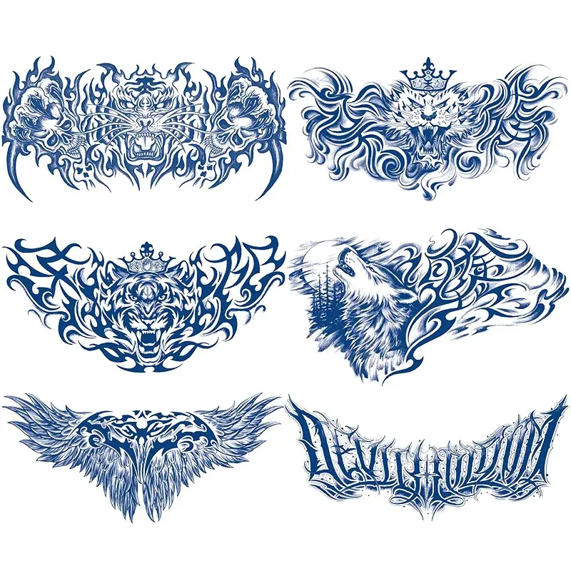 6-Pack Men's Semi-Permanent Tattoo Stickers, Realistic and Durable, Cool Designs Including Tiger, Wolf, Wings, Text, Letters, Chest and Back Decor