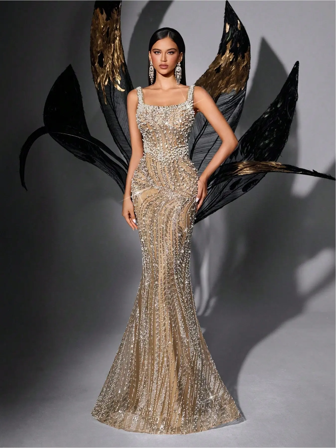 Women's Square Neck Sequin Beaded Mermaid Formal Evening Dress Spaghetti Strap Bodycon Prom Party Cocktail Maxi Gown Evening Wear Gown Glitter Dress