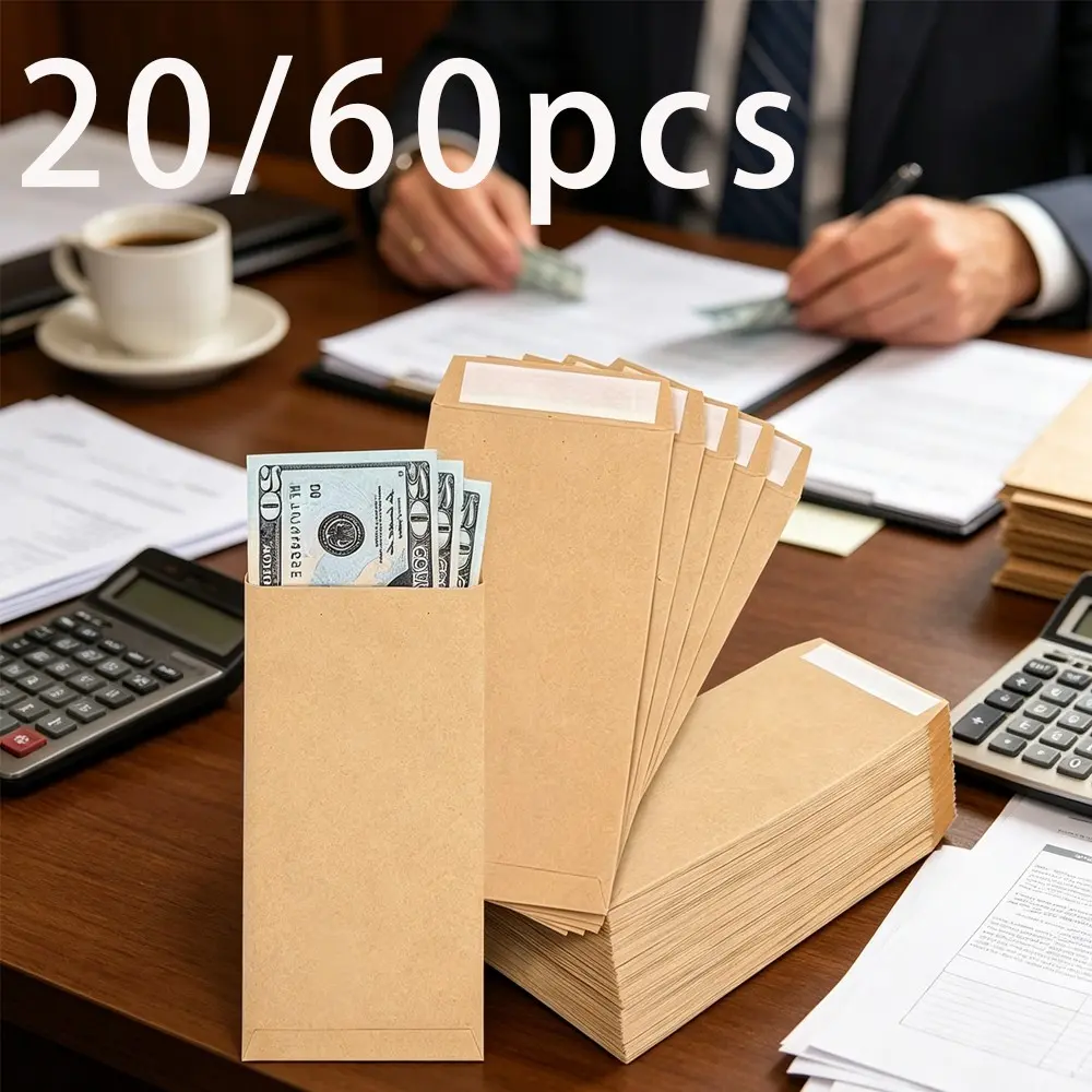 20/60pcs Kraft Paper Self-Adhesive Envelopes, Small Wage Envelopes, Money Stuffing Envelopes, 6.5x3.2 Inches, Ideal for Saving Money, Coins, Checks, Cash, Budgeting, Cash Envelope System