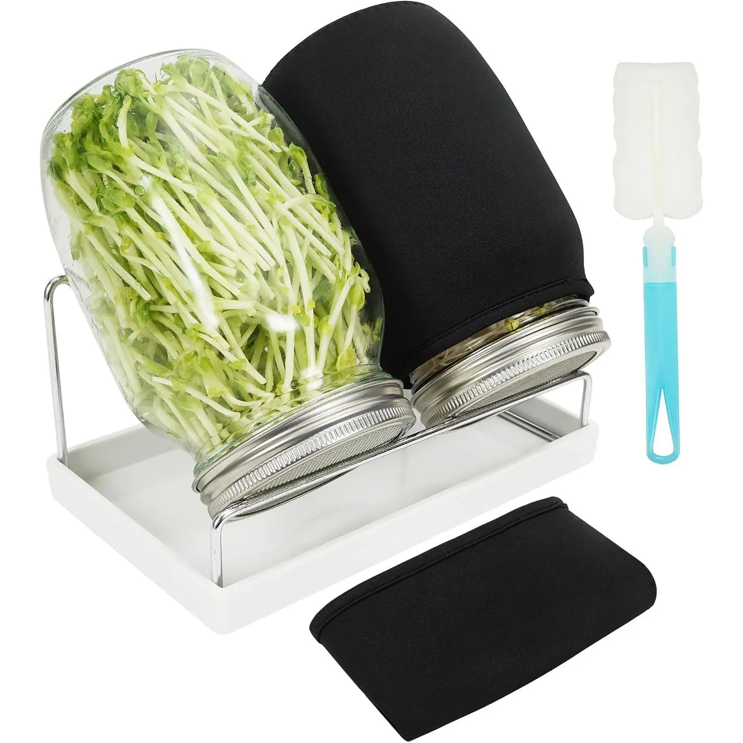 Sprouting Jar Kit Seed Sprouter Set for Growing Broccoli, Alfalfa, Mung Bea, Premium Stainless Steel Screen Sprout Lids, 2 Wide Mouth Mason Jars, Blackout Sleeves, Tray, Stand and Canning Brush