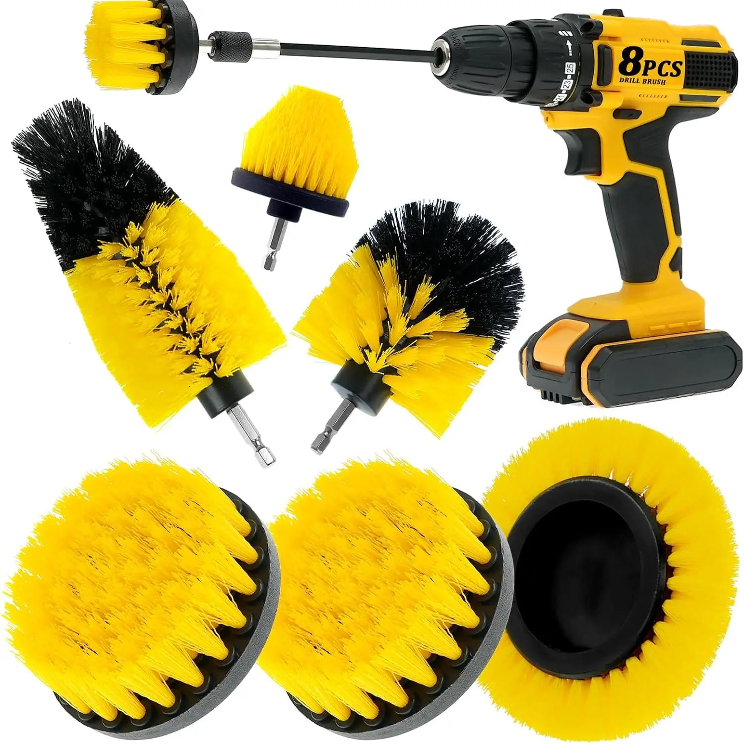 8 Pcs Drill Brush Attachment Set, Power Cleaning Scrub Brush Kit with Extend Long Attachment, All Purpose Drill Scrub Brushes for Car, Grout, Floor, Tub, Bathroom and Kitchen (Yellow)Gift.