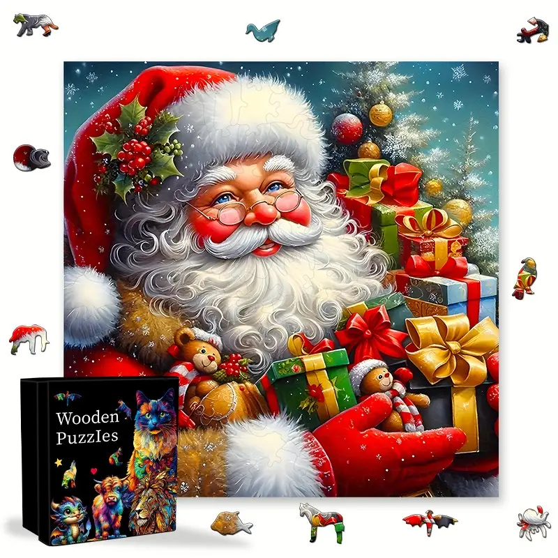 Holiday Santa Claus and Gifts Wooden Puzzle, 30x28.7 Cm Christmas Scene Puzzle, Adult-Friendly, Perfect Holiday Gift, Art Puzzles Gift, Halloween & Christmas Decor