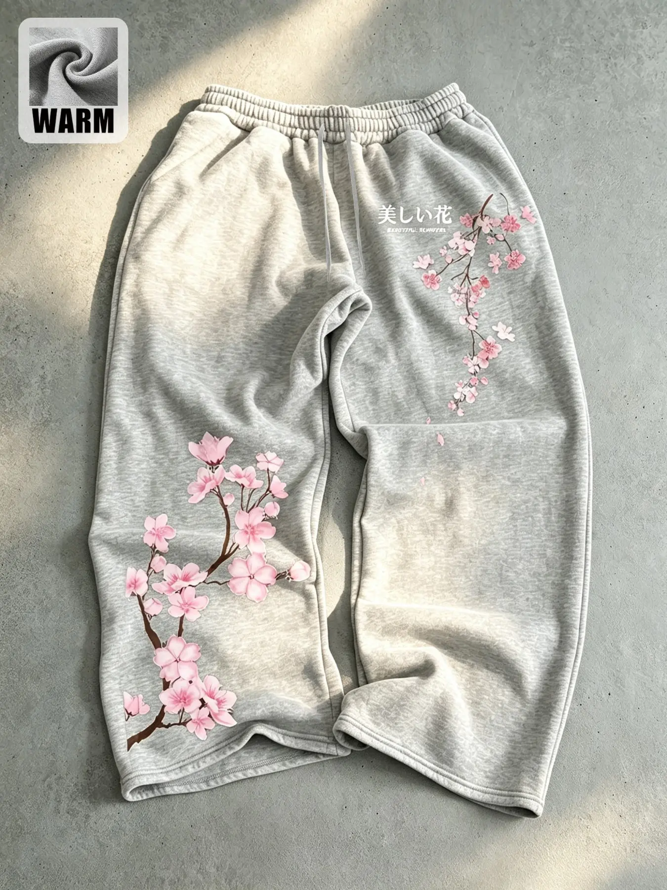 Men Women Fleece‑Lined Sakura Cherry Blossom Print Sweatpants, Japanese‑Style Loose Wide‑Leg Pants, Fall Winter Casual Daily Streetwear Loungewear Pants