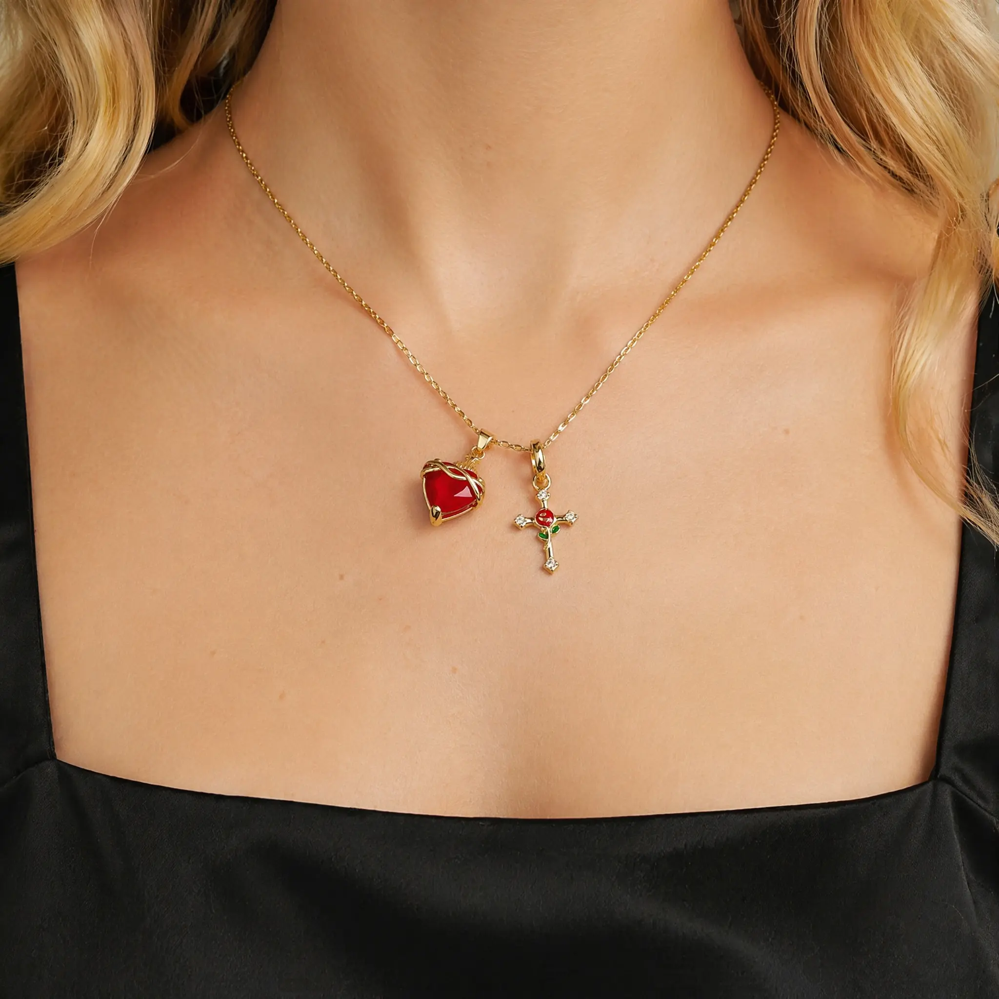 Gold Catholic Jewellery Pendant Multi Pendant Necklace, Elegant Red Zirconia Heart-Rose Cross, 1st Communion Gift, with Jewelry Gift Box, Zirconia Heart Necklace, Cross Necklace