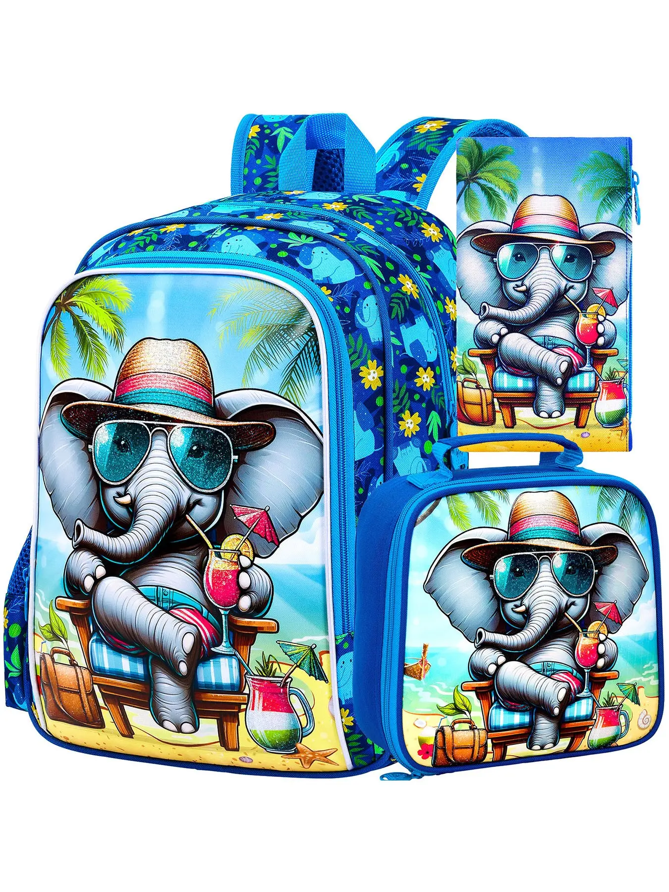 3 Piece Set Elephant Juice Backpack, Handbag with Pencil Case, Zip Closure Lightweight School Bag, Preppy Style for All Seasons School Daypack