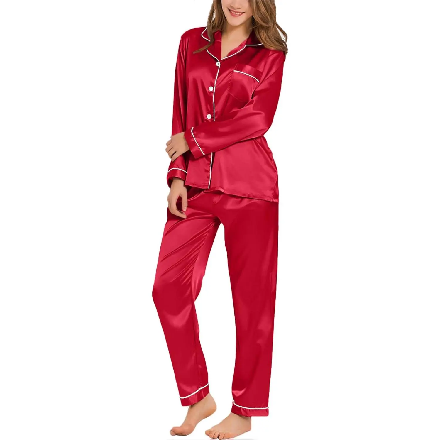 Womens Silk Satin Pajamas Set Long Sleeve Button Down Sleepwear 2 Piece Lounge Set Pj Set XS-3XL