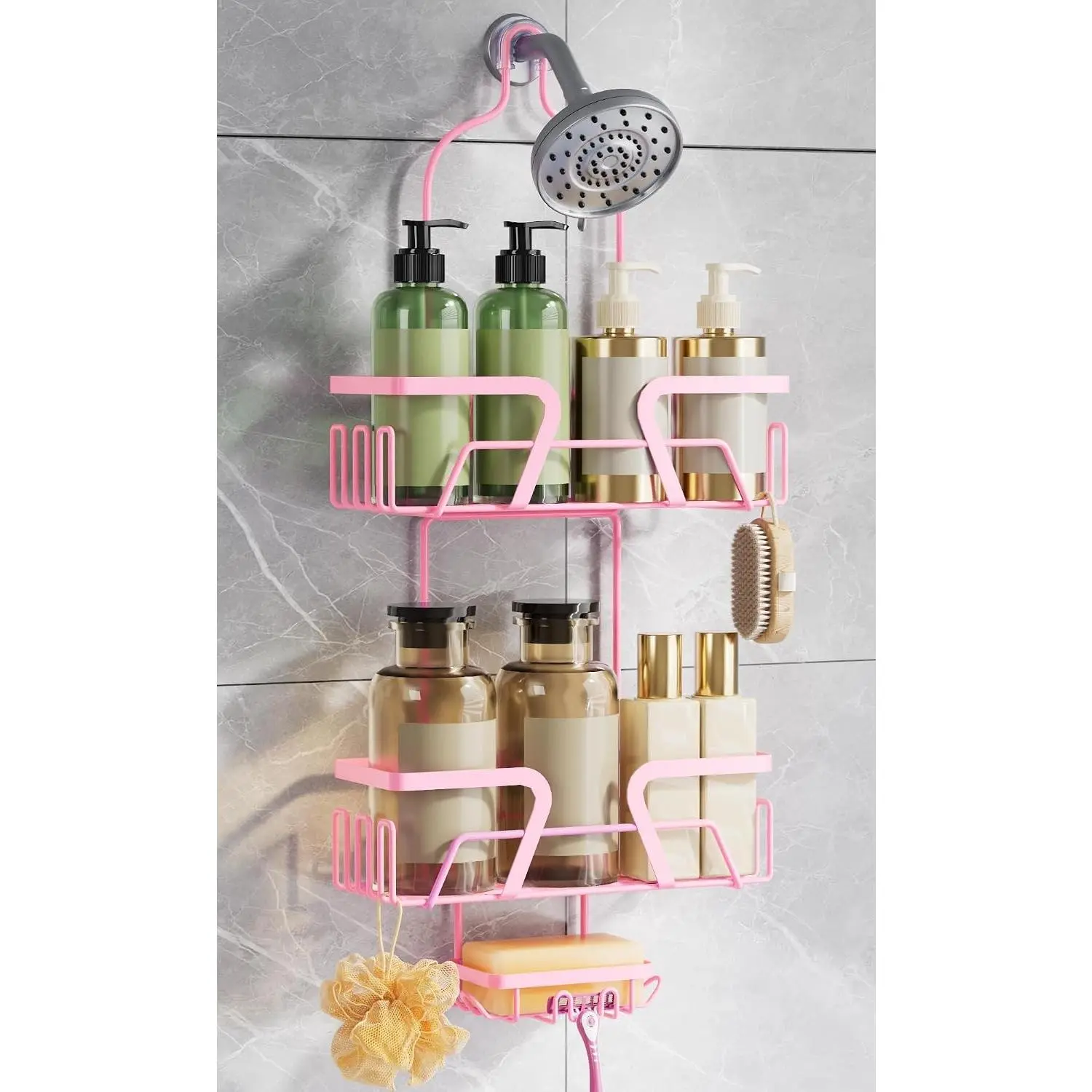 Shower Caddy Hanging, Pink Over the Shower Head Caddy with Soap Holder, Bathroom Organizer with Hooks for Razors and Bath Sponges