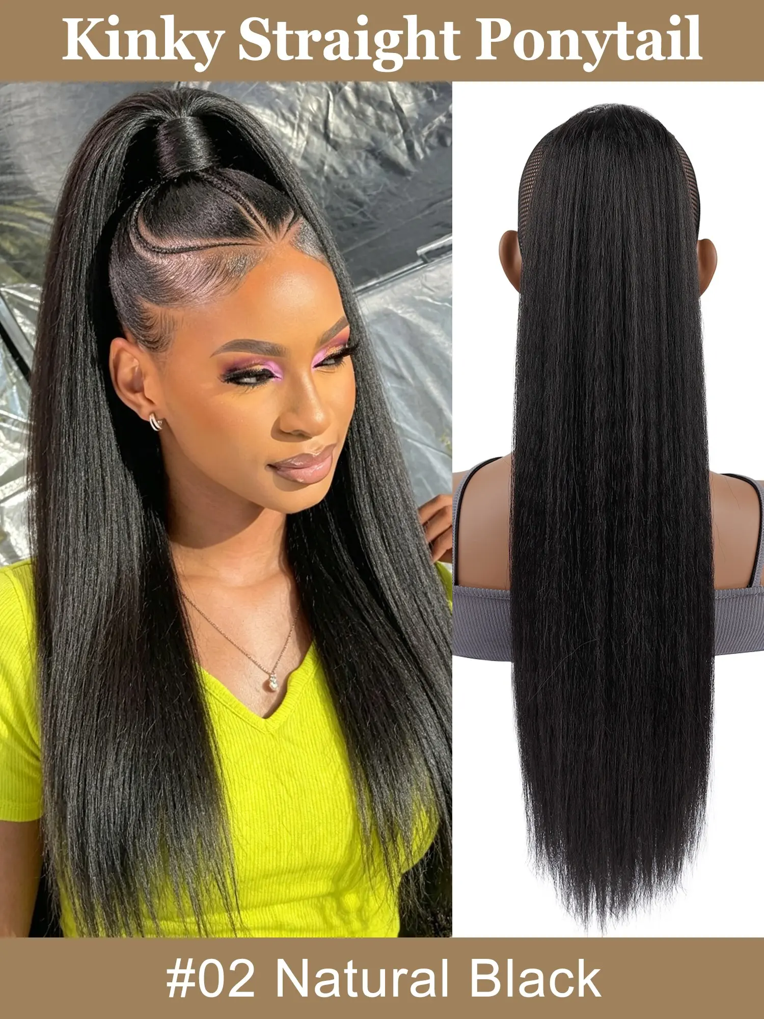 22inch Long Straight Drawstring Ponytail for Women, Synthetic Thick Kinky Straight Hairpiece, Daily Use Extension