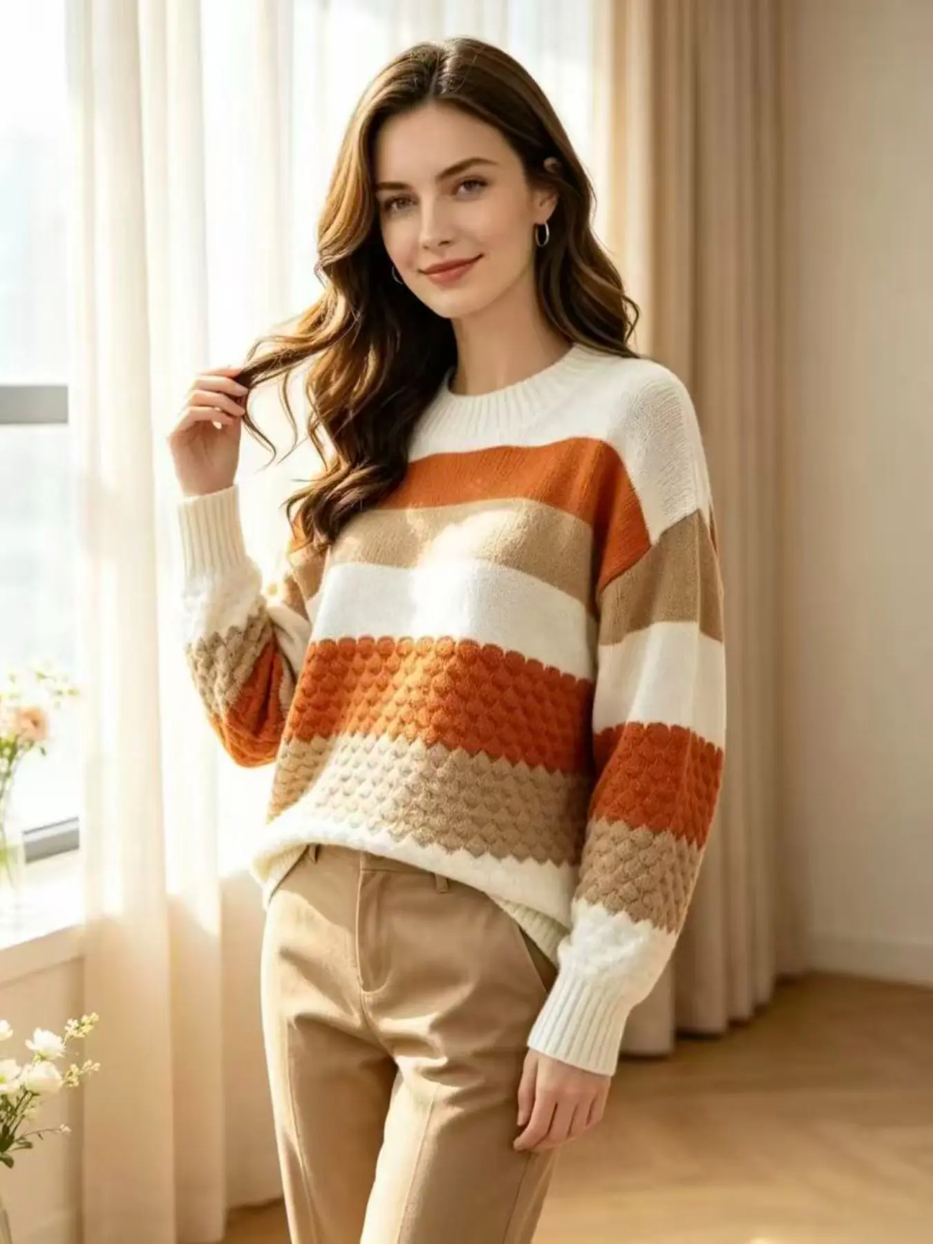Women's Marled Soft Knit Sweater, Fall Winter Fashion Warm Casual Loose Fit Round Neck, Slimming Patchwork Pullover for Daily Wear