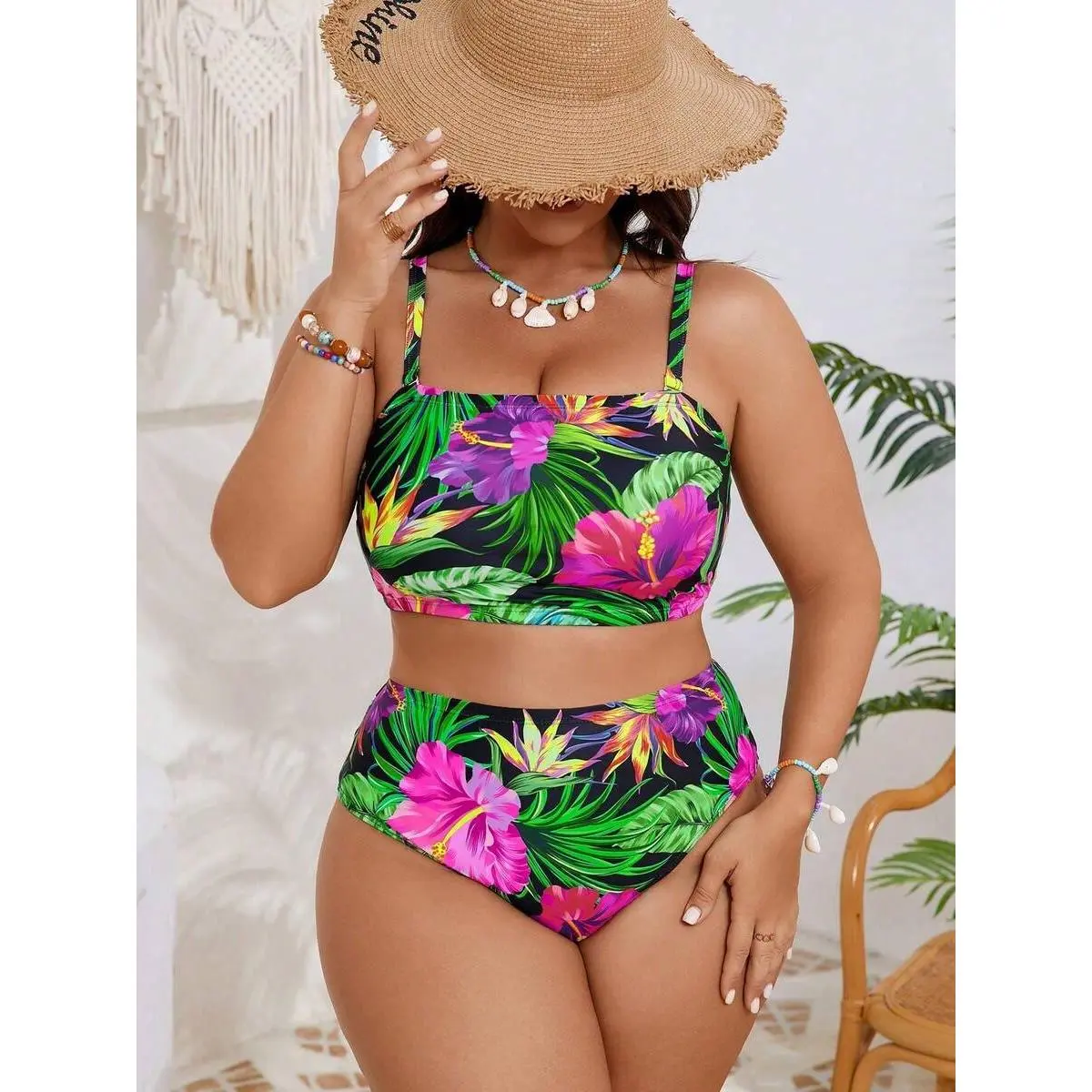 Plus Size High Waist Bikini Set, Boho Tropical Floral Print with V-Wired Convertible Push-Up Top and High Cut Bottoms, Convertible Top