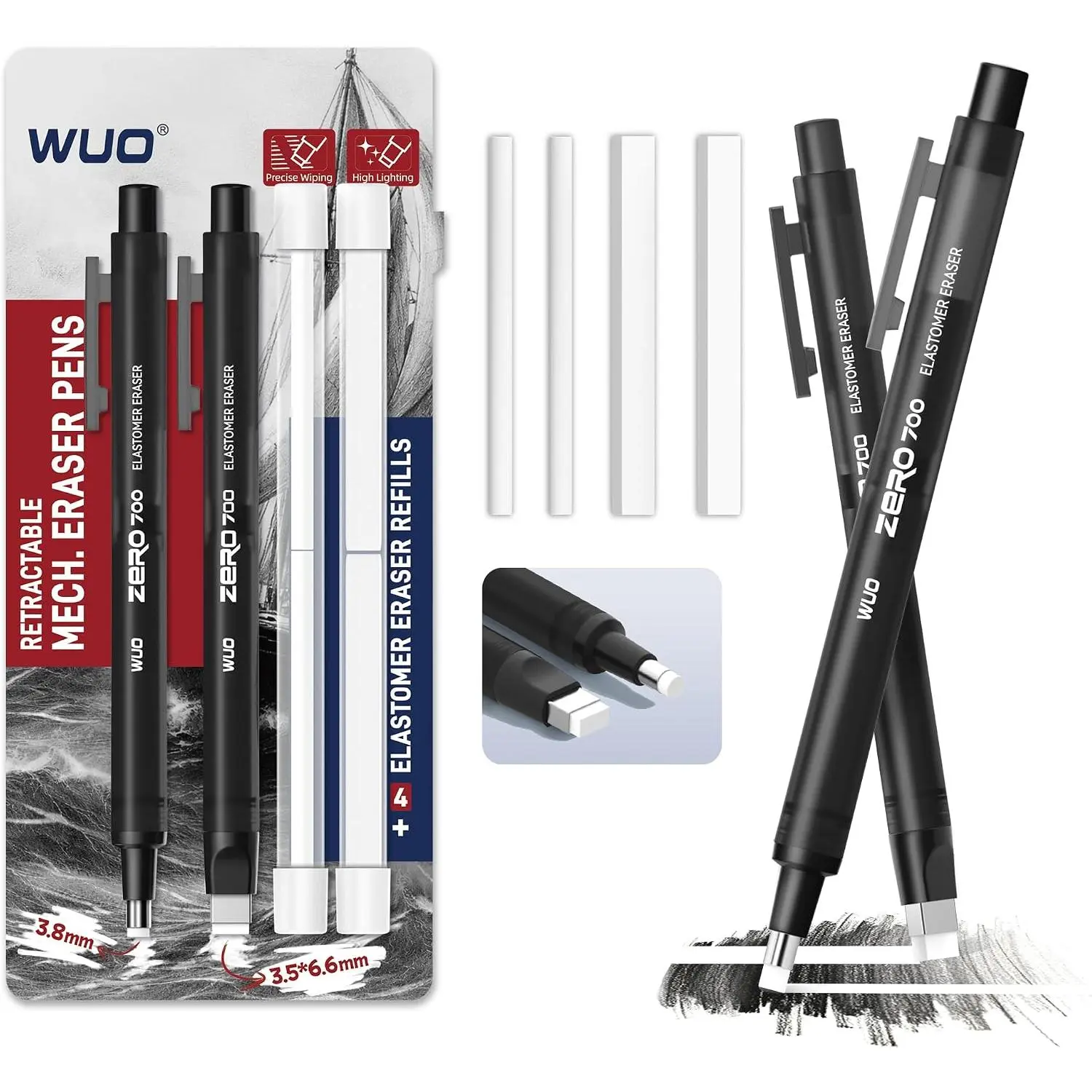 6-Pieces Pen Shape Eraser Set Pack, Retractable Round & Square Tips, 2 TPE Black Eraser Pens with 4 Refills, for Detail Erasing, Drawing, Office Notes, Retractable Tip