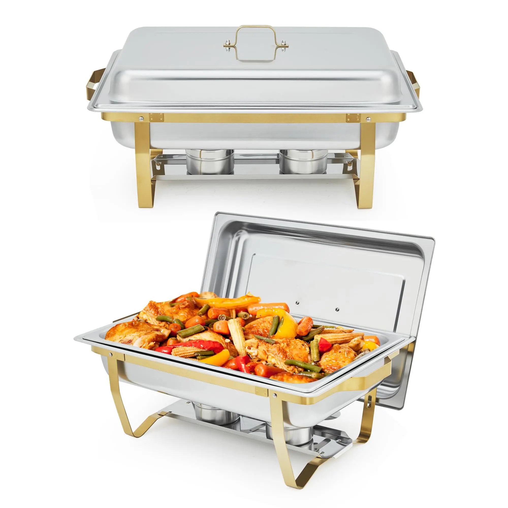 GARVEE Set of 2 8QT Stainless Steel Chafing Dishes with Lids and Foldable Frames, Rectangular Buffet Servers and Food Warmers in Gold for Weddings, Parties, and Catering Supplies