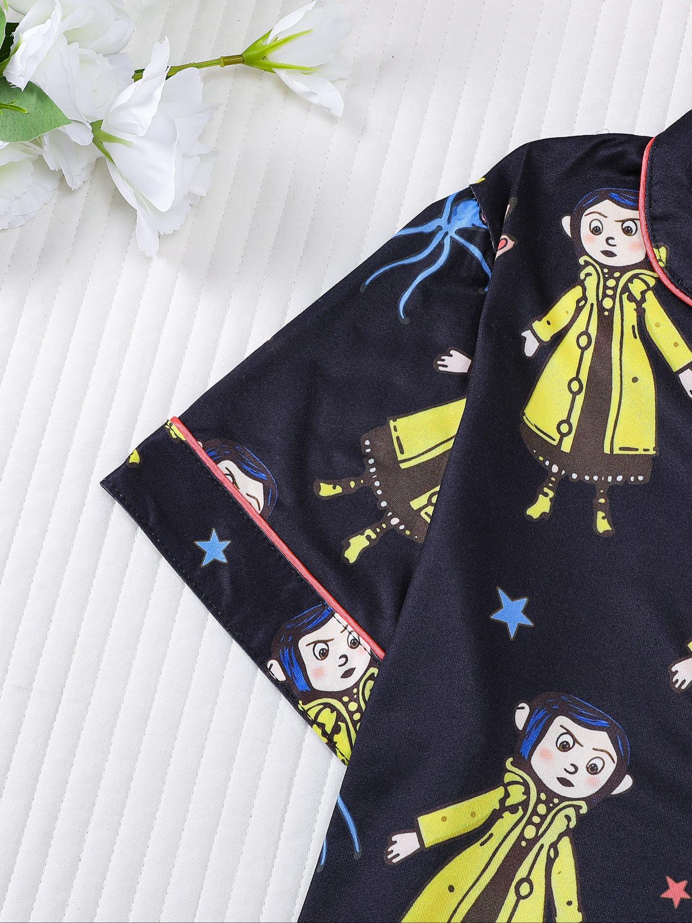 Women's Monkey Print Pajama Set, Short Sleeve Button Front Top & Elastic Shorts, Casual Home Wear, Comfortable Sleepwear, Loungewear