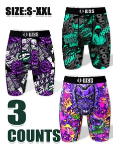 3pcs Men's Long Sport Underwear, Halloween Trendy Joker Print, Elastic Moisture-Wicking, Comfortable Quick-Dry Casual Briefs, Printed Underwear
