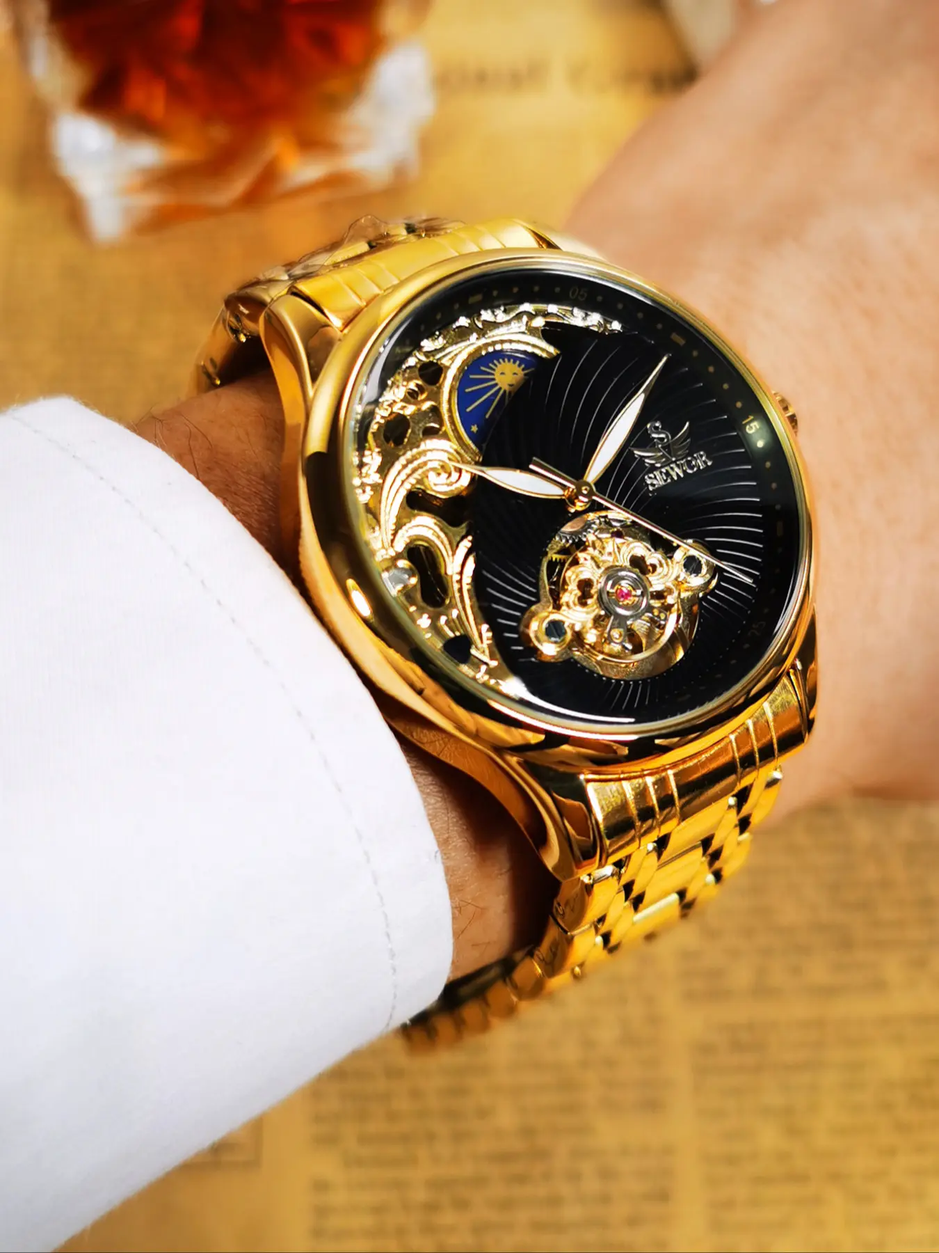 1pc Tourbillon Gold Skeleton Automatic Mechanical Watch for Men Luminous Hands Stainless Steel Strap Business Fashion Business Mens Watches Top Brand Luxury Wristwatches Classic Analog Watch