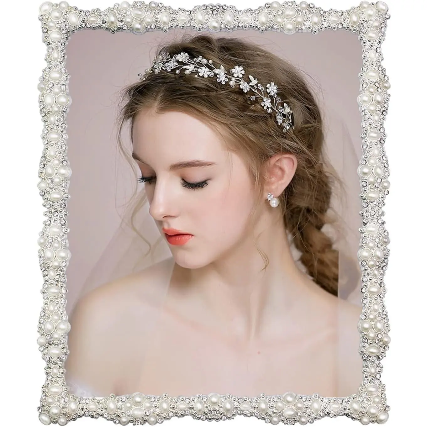 8x10 Picture Frame with Pearl and Rhinestones for Wedding, Silver Plated with HD Acrylic Finish, Horizontal and Vertical Tabletop DisplayGift