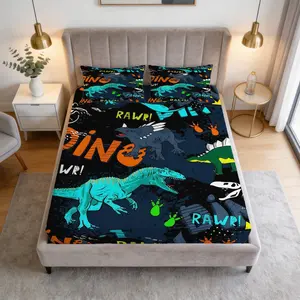 3-Piece Dinosaur Patterned Bed Sheet Set, Including 1 Bed Sheet And 2 Pillowcases (Excluding Pillow Core), Comfortable Bedding, Non Slip Suitable For Bedrooms, Suitable For Children And Teenagers As Gifts And Decorations