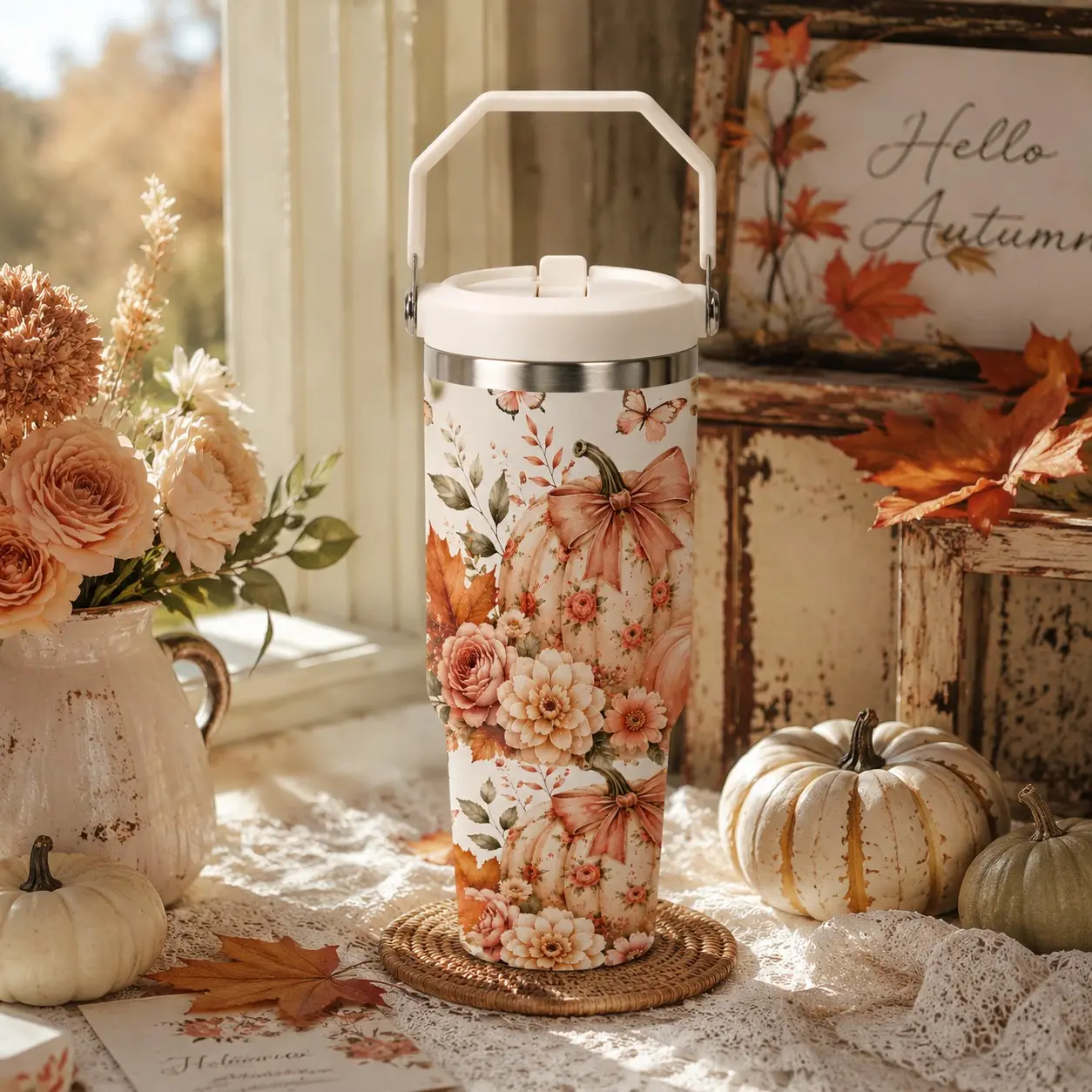 30oz Autumn Coquette Pumpkin & Floral Patterned Stainless Steel Tumbler with Handle, Double-Wall Vacuum Water Bottle, Fall Season Travel Coffee Mug Gift for Her