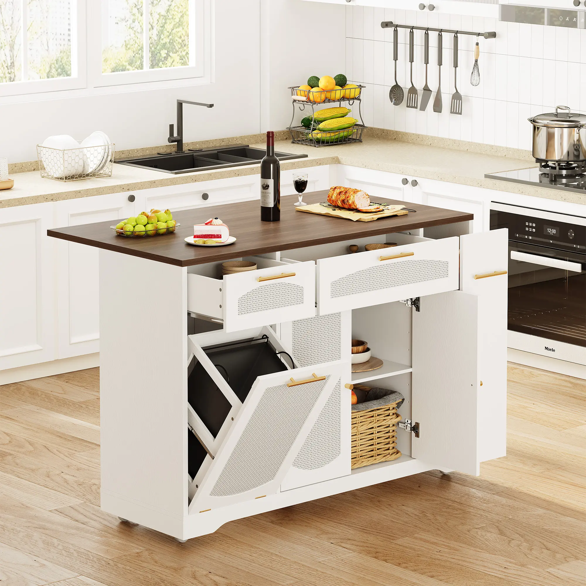 Rattan Rolling Kitchen Island Table on Wheels with Drop Leaf, Mobile Kitchen Island with Storage Drawers, Rolling Kitchen Cart with Pull Out Trash Can Cabinet, Farmhouse Kitchen Island with Paper Towel Holder & Hooks