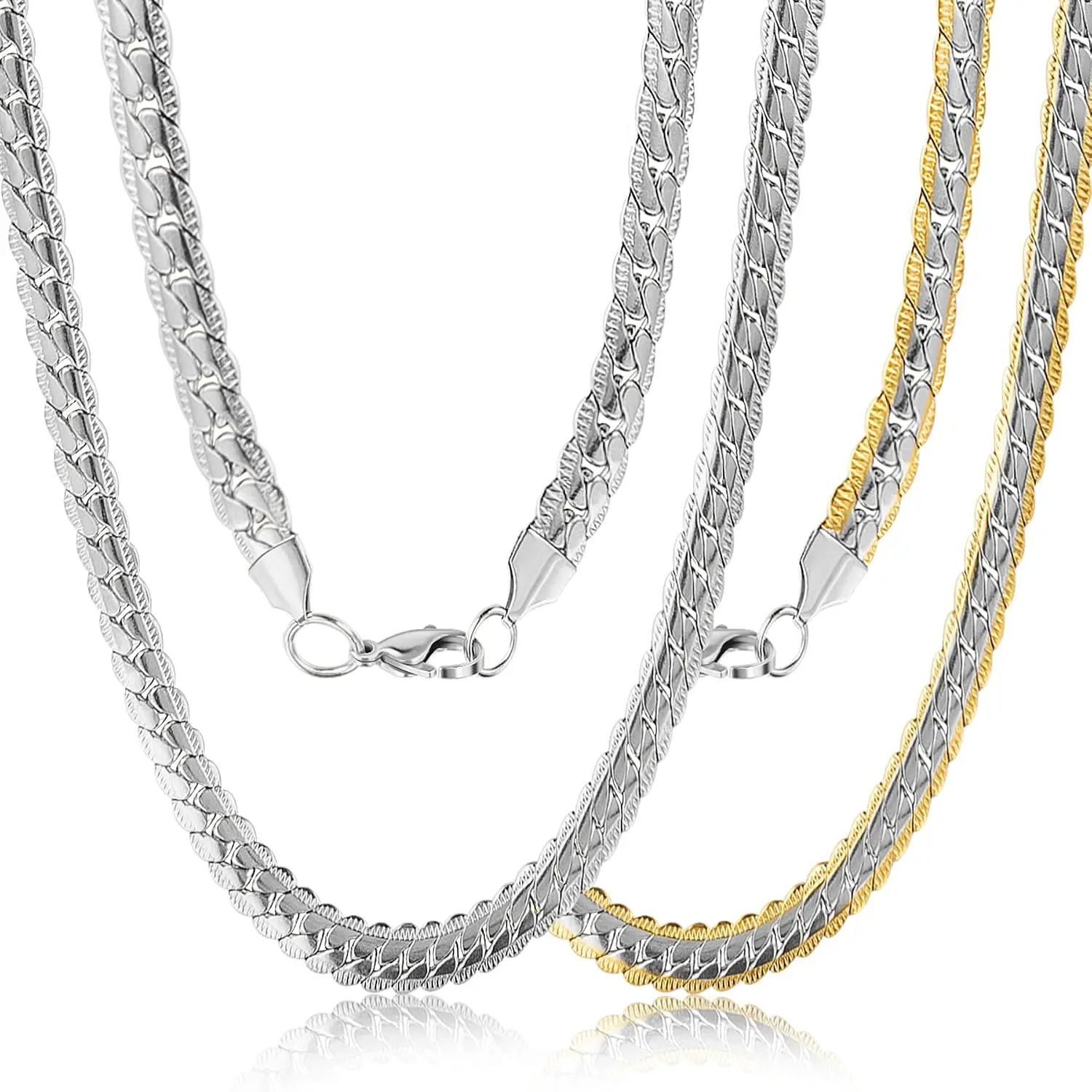 Unisex 2-Count 4mm Stainless Steel Necklaces - Nickel-Free Embossed Herringbone & Curb Chains for Casual/Formal Wear