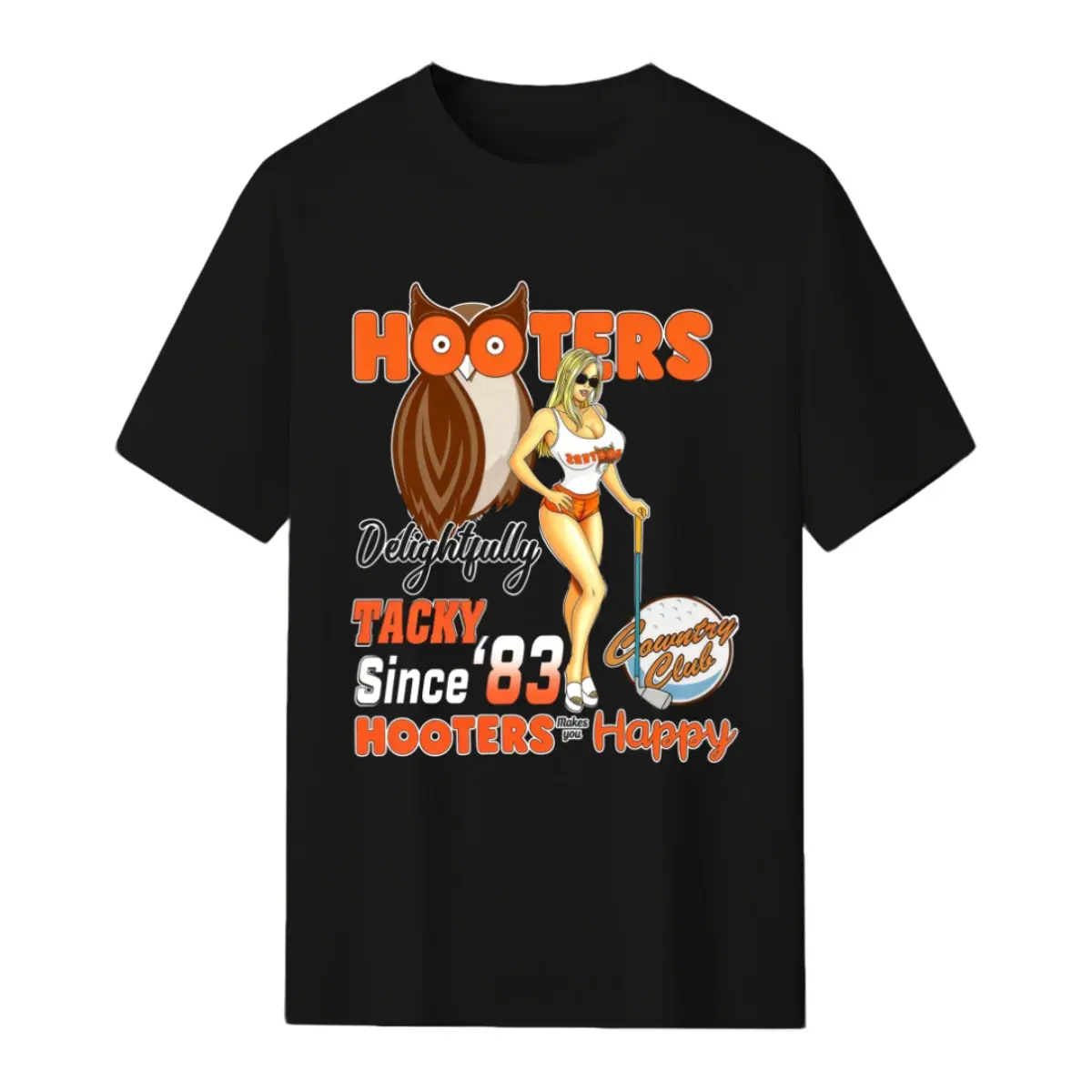 Unisex Vintage 90s Hooters Country Club Graphic Cotton T-Shirt - Stylish Fabric Sports Top, Gift for Her, Streetwear, Tshirt, Slacks, Shortsleeve, Casual, Jeans, Round Neck, Denim