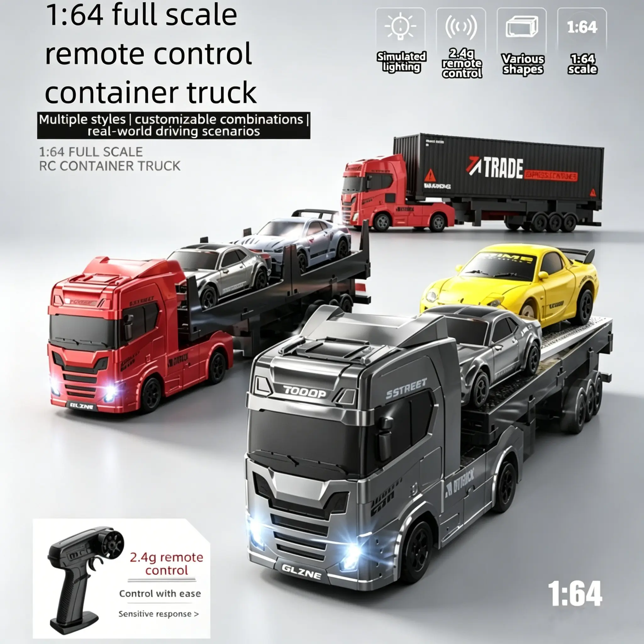 1/64 Detachable Multi-Mode Remote Control Trailer, Remote Control Truck, 2.4g RC with Realistic Lights, Includes 2 Toy Cars, Desktop Mini Transporter, Unisex Gift