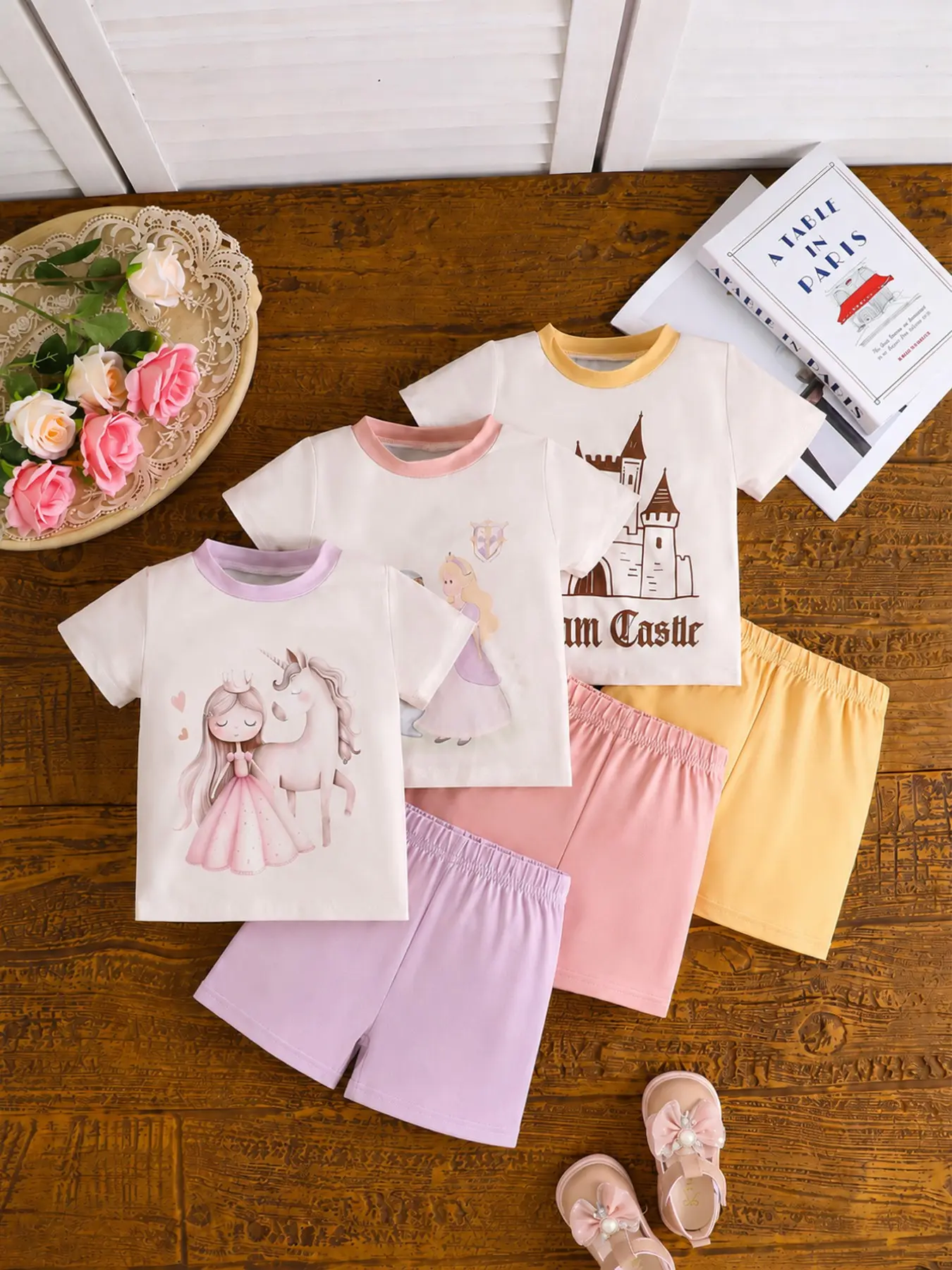 6-Piece Baby Girl Unicorn Knight Castle Print Set, Baby Clothing, Soft Knit Fabric Short Sleeve T-Shirt & Shorts, Casual Outdoor Wear, Summer Gift Set