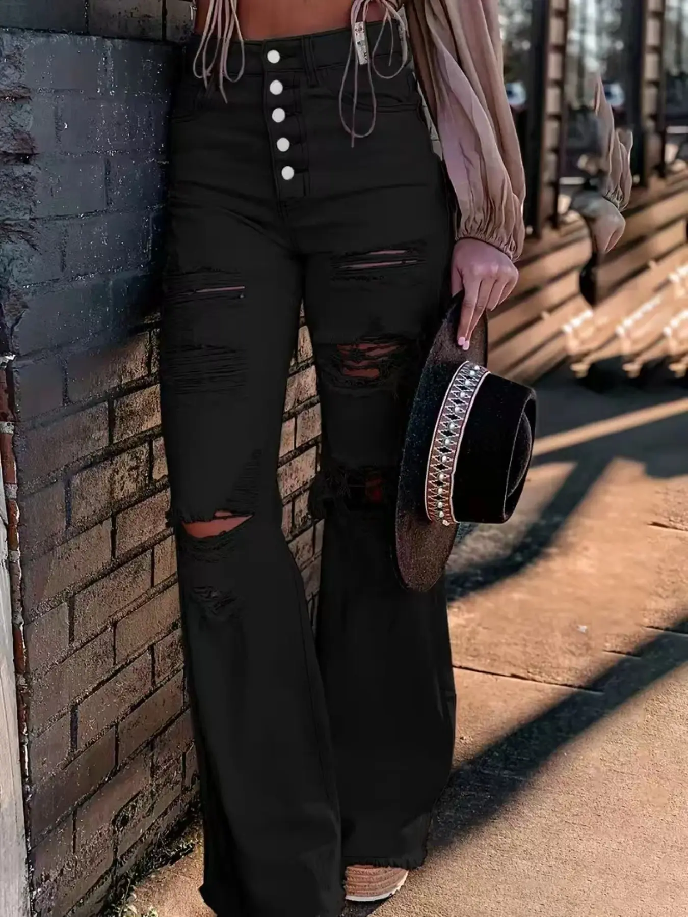 Women's Casual Buttoned Ripped High Elasticity Bell Bottom Pants, Boho Casual Trousers, Comfortable and Stylish Long Trousers for Everyday Wear