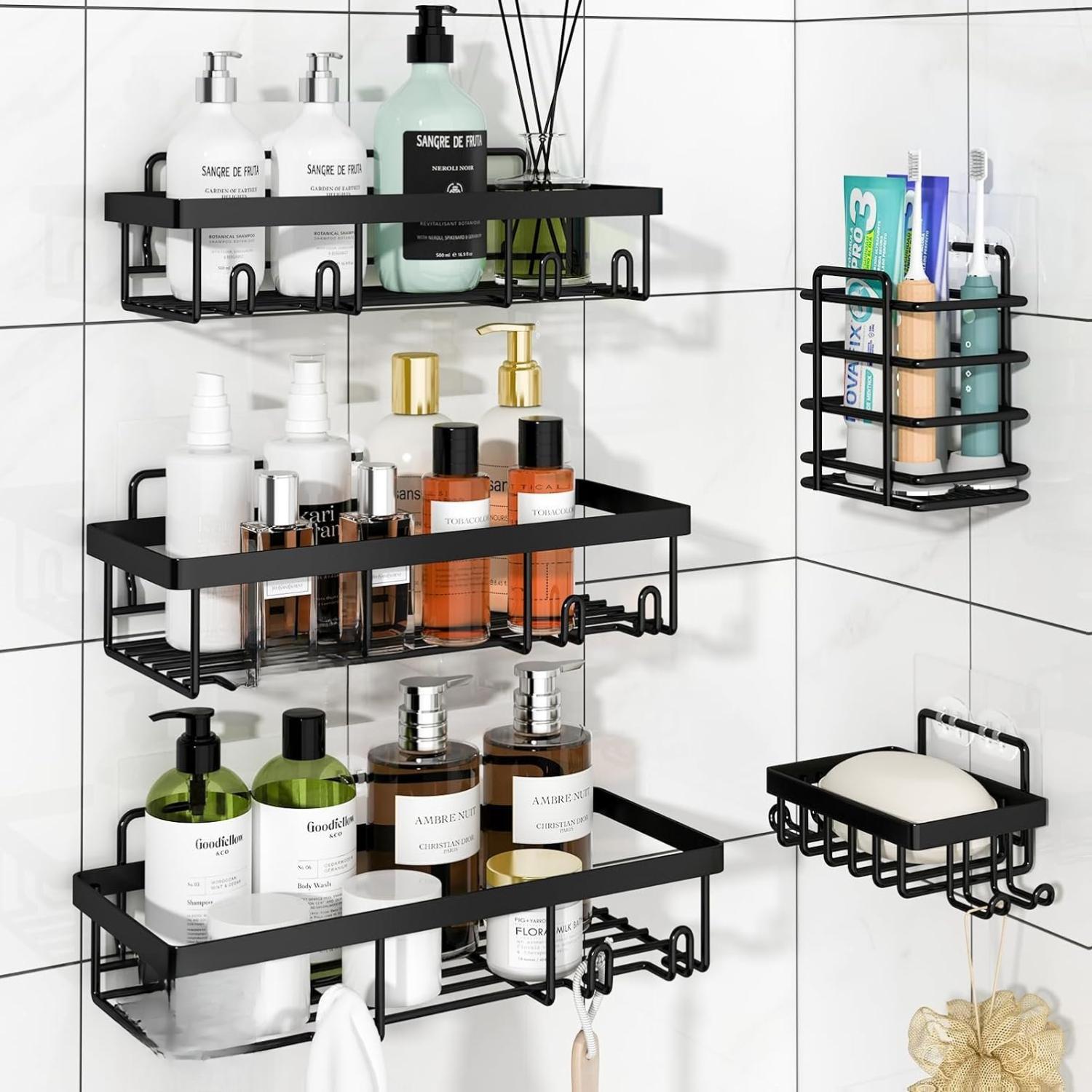 5 Pack Shower Caddy Organizer Rack Shelf for Inside Shower, Adhesive Bathroom Wall Storage Basket Rustproof Stainless Steel Shampoo Holder, Bathroom.