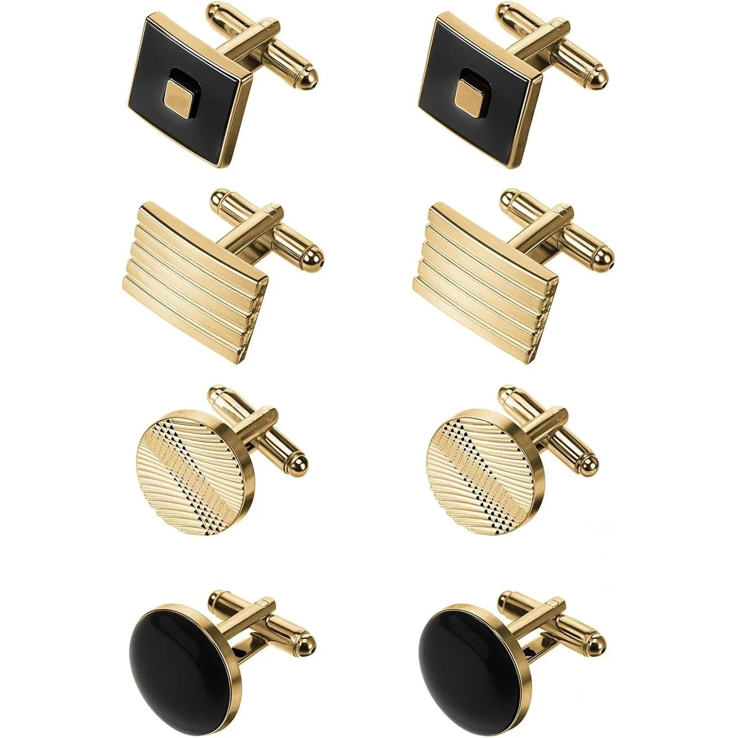 4 Pairs Men's Cufflinks Set Classic Gold & Silver Striped Disc Square Rectangle Cuff Links for Business Wedding Party with Gift BoxGift