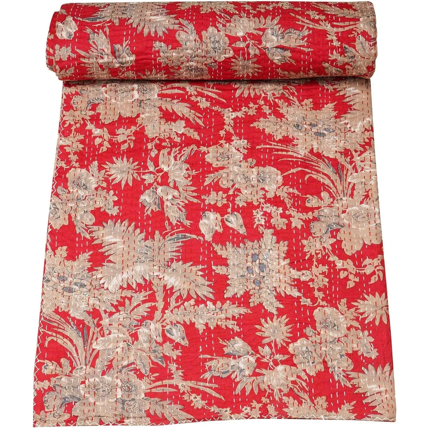 Indian Handmade Reversible Vintage Kantha Work Quilt Comforter, Pure Cotton Floral Print Traditional Bed Cover, Red Twin (60x90 in), Twin (60, Cooling, Breathable, Hand Wash Only, Queen (90, Dry Clean Only, Bedcover, King