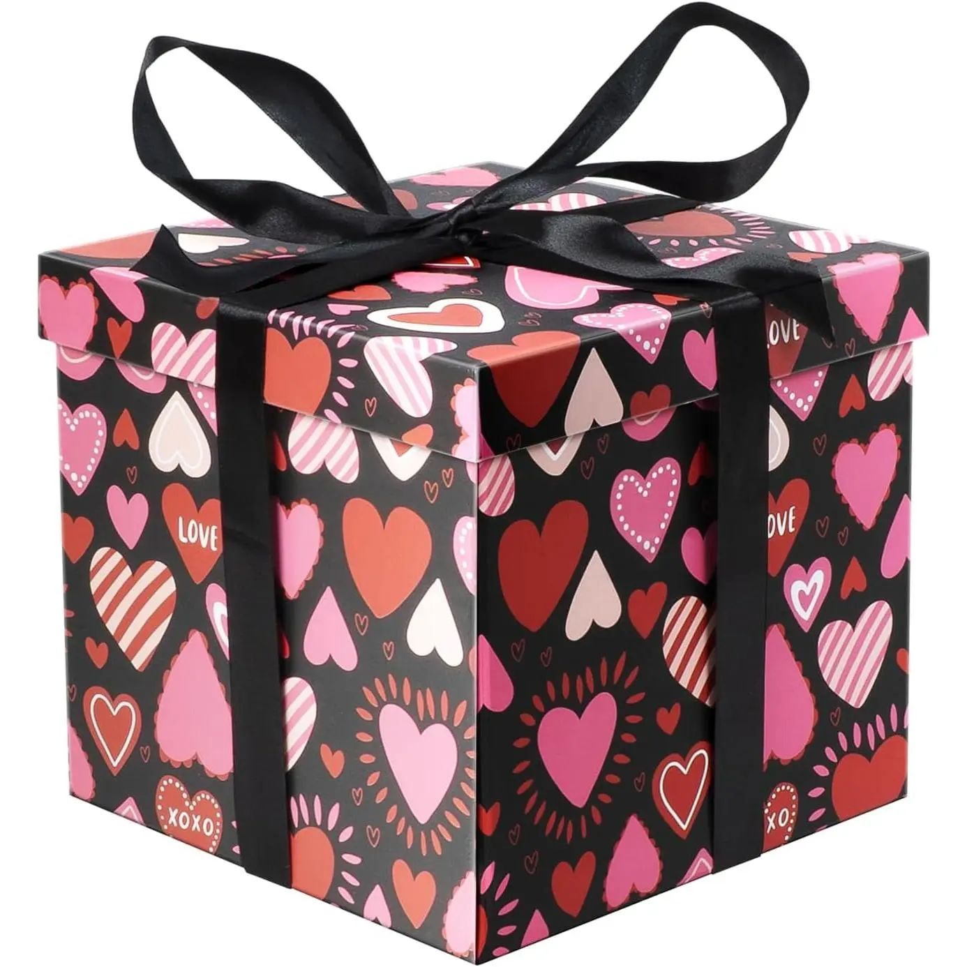 9" Medium Valentine  Box with Lid and Paper Filler, Black Love Heart  Box with Ribbon for Valentine's Day Party Presents Wrapping.