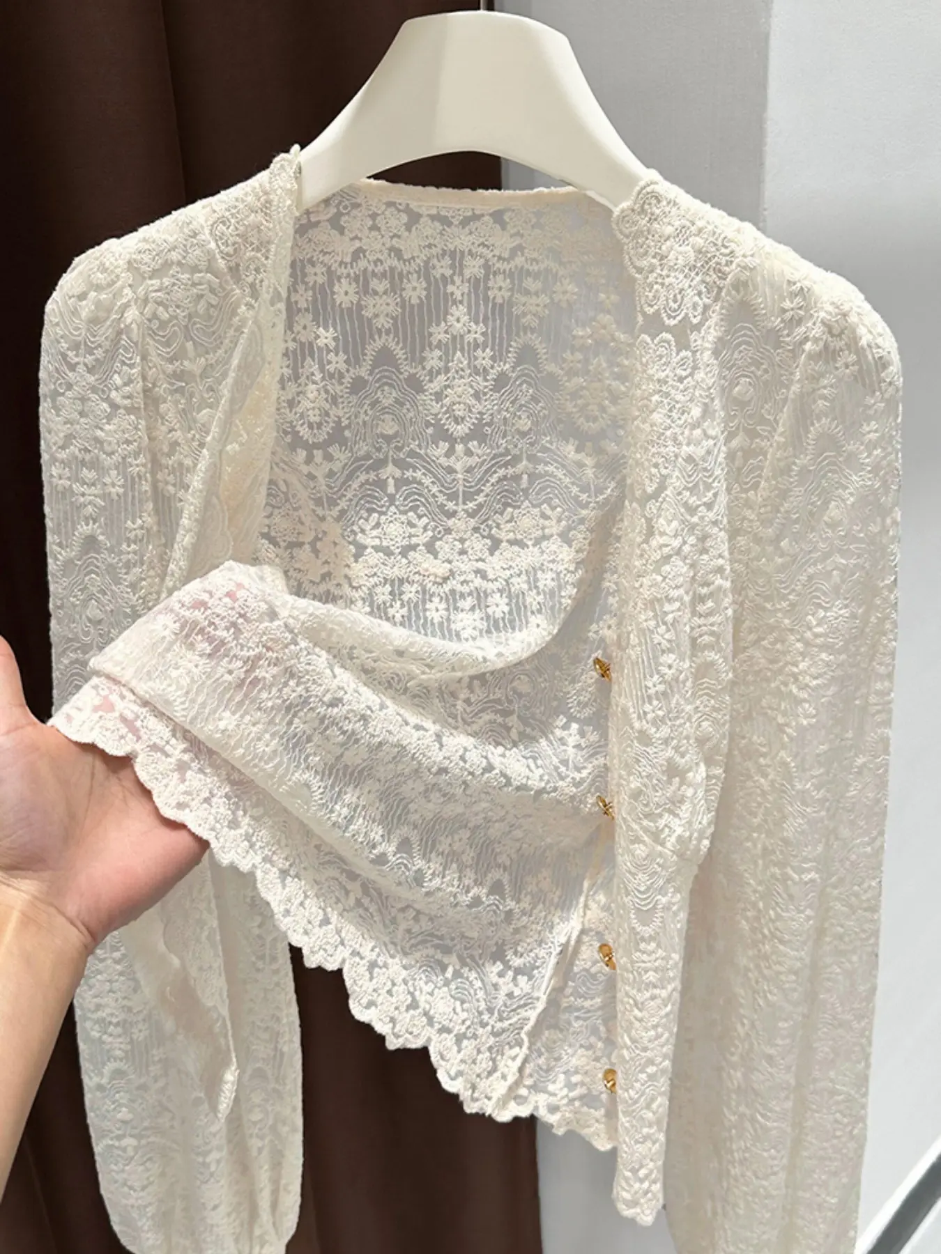 Elegant Long Sleeve Blouse Top for Women, Deep V Neck Mesh Embroidery Lace Trim, Perfect for Commute and Vacation