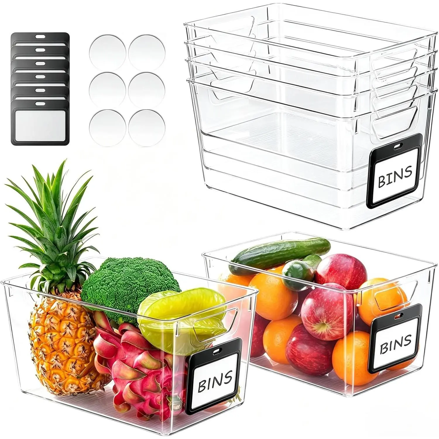 Clear Organizer Bins - 6 Pack Plastic Pantry Organizers & Storage Containers with Handles & Labels, Home Organization Must Haves for Kitchen, Under Sink, Cabinet Fridge, Bathroom, Shelf, Laundry
