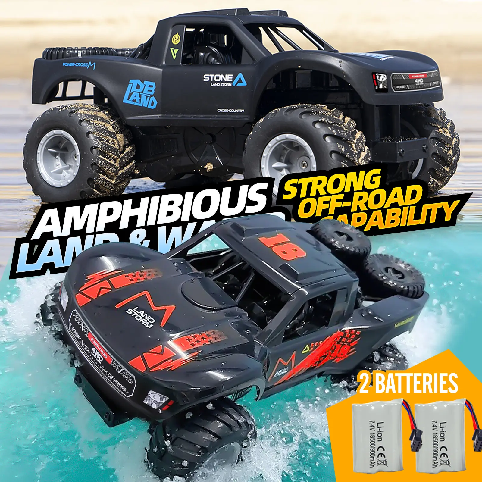 All-Terrain Remote Control Off-Road Car, Two Batteries High-Horsepower Electric Toy with 4-Wheel Drive, Amphibious Large Tires, Fully Waterproof for 8-12 Year Old Boys