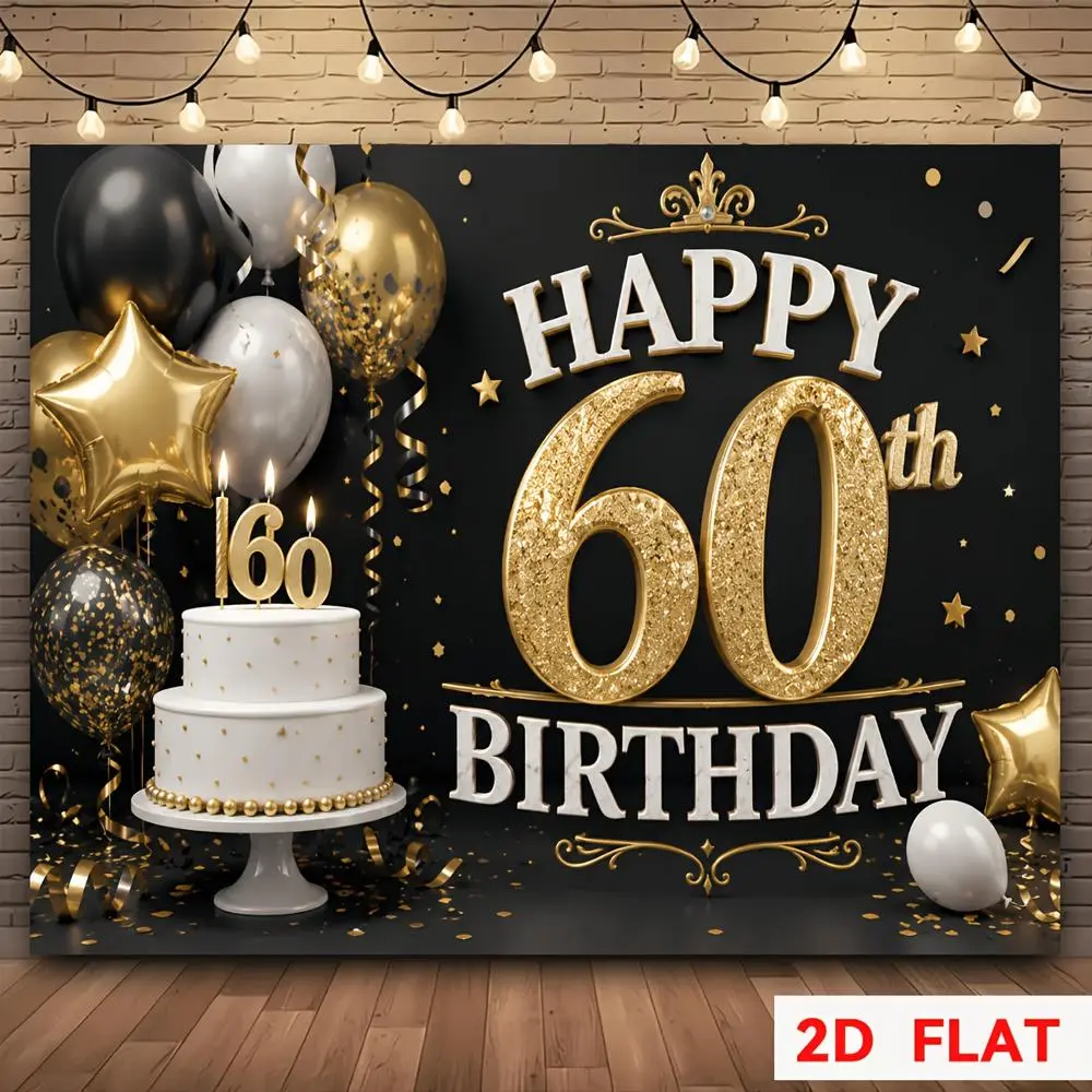 60th Birthday Photography Backdrop, Black Gold Themed 2D Flat Banner, HD Digitally Printed Polyester Cloth, Soft Lightweight Foldable for Birthday Parties, Portraits