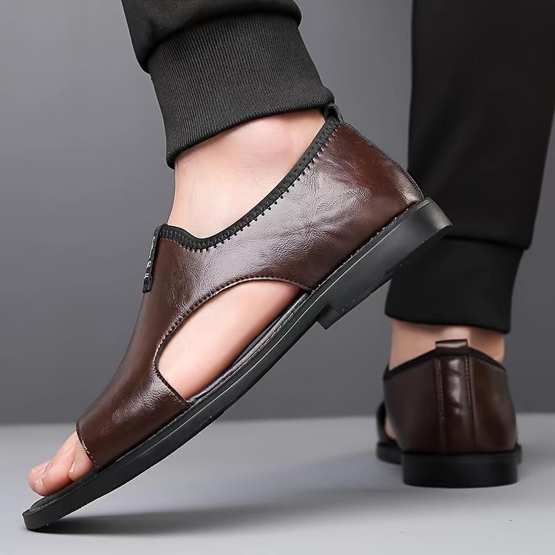 Men's Casual Slip-On Sandals - Black Open Toe Shoes with Rubber Sole, Comfortable for Spring/Summer Outdoor Wear, Strappy Sandals