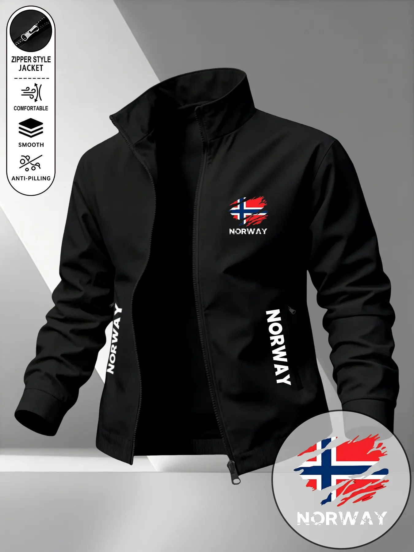 Men's New Dual Pocket Jacket, Norway Vintage Flag Print Sporty Outerwear with Pockets, Long Sleeve Lapel Zipper Top, All Seasons Fitted Style