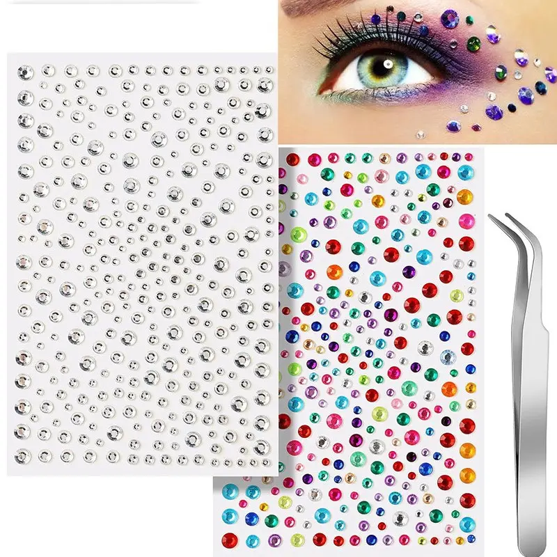 3 Pcs Face Gems With Tweezers Self-Adhesive Sparkling Face Gems and Pearls for Makeup, Festival Jewels for Halloween Rave Accessories Hair Gems, Rhinestone Stickers for Face, Eye, Makeup, Body