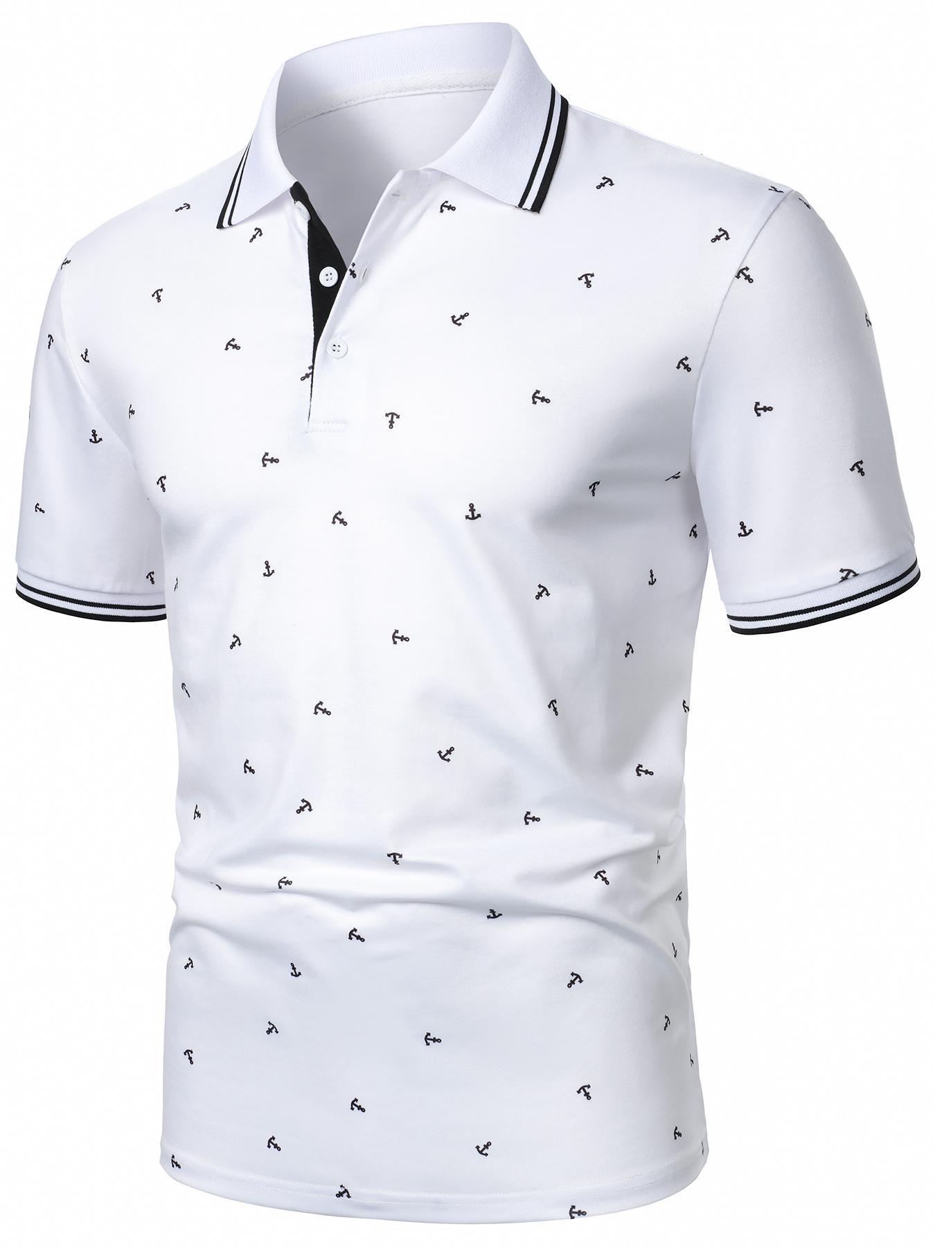Men's Anchor Print Knit Polo Shirt, Regular Fit Casual Short Sleeve Collared Top for Summer, Fashion Men's Clothes for Daily Wear, Fitted