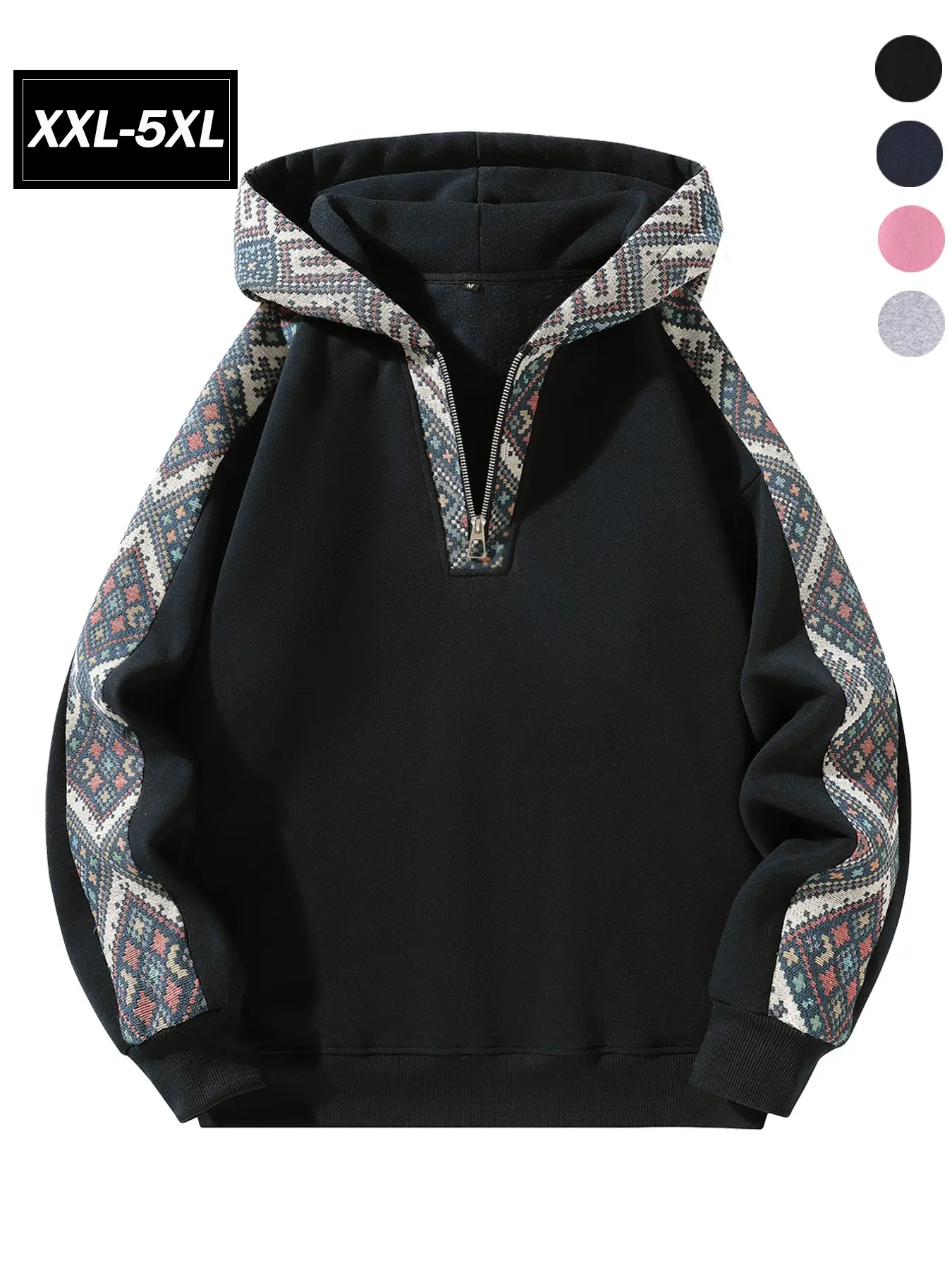 Men's Plus Size Fleece Casual Streetwear Hoodie, Ethnic Vintage Geometric Tribal Print, Aztec Patchwork Design, Casual Long Sleeve Sweatshirt, Xxl-5xl