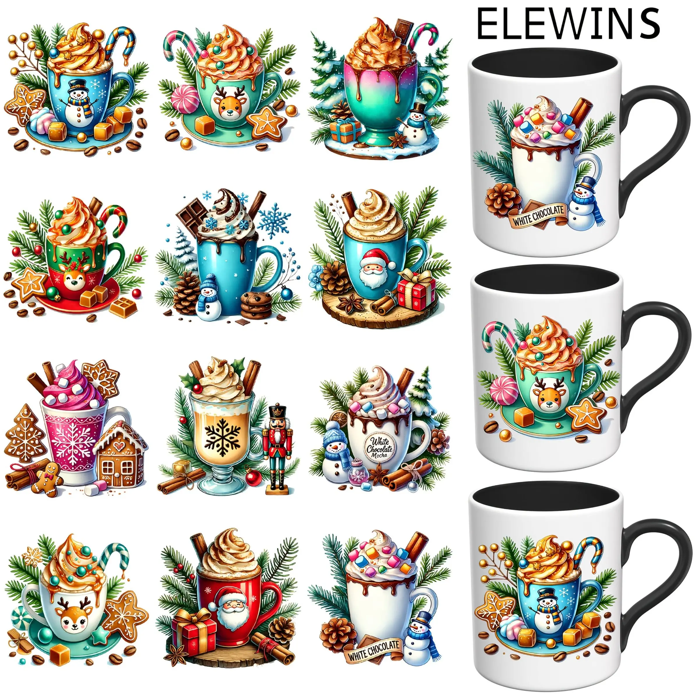12-Pack ELEWINS Christmas Cup Stickers - Hot Chocolate, Gingerbread, Snowmen Designs - Self-Adhesive UV DTF Mug Wraps for Holiday Decorations