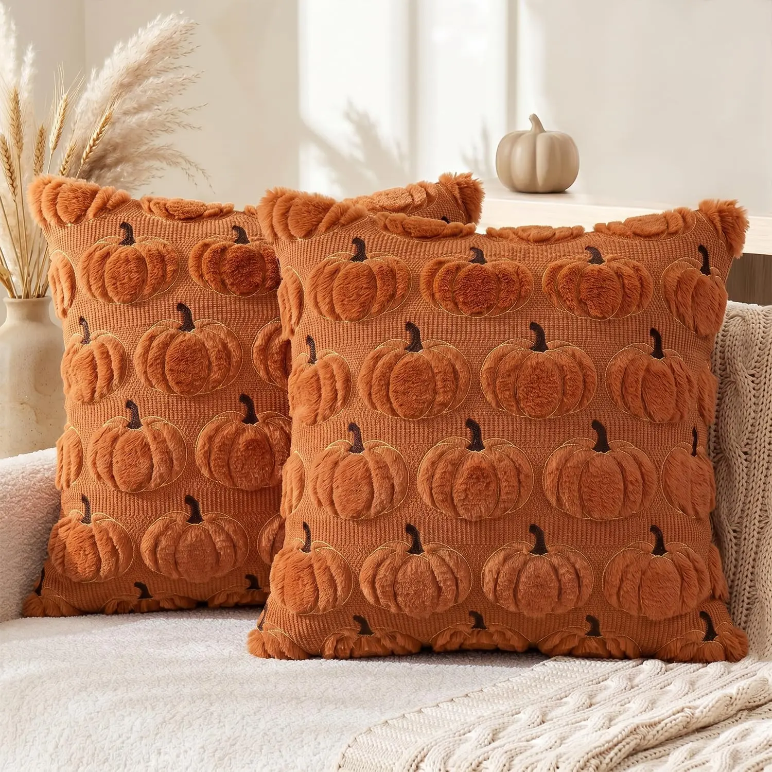 Caramel Pumpkin Fall Embroidery Throw Pillow Covers, 18 x 18 Inch Autumn Harvest Thanksgiving Soft Plush Faux  Jacquard Cushion Case Decoration for Sofa Couch Set of 2