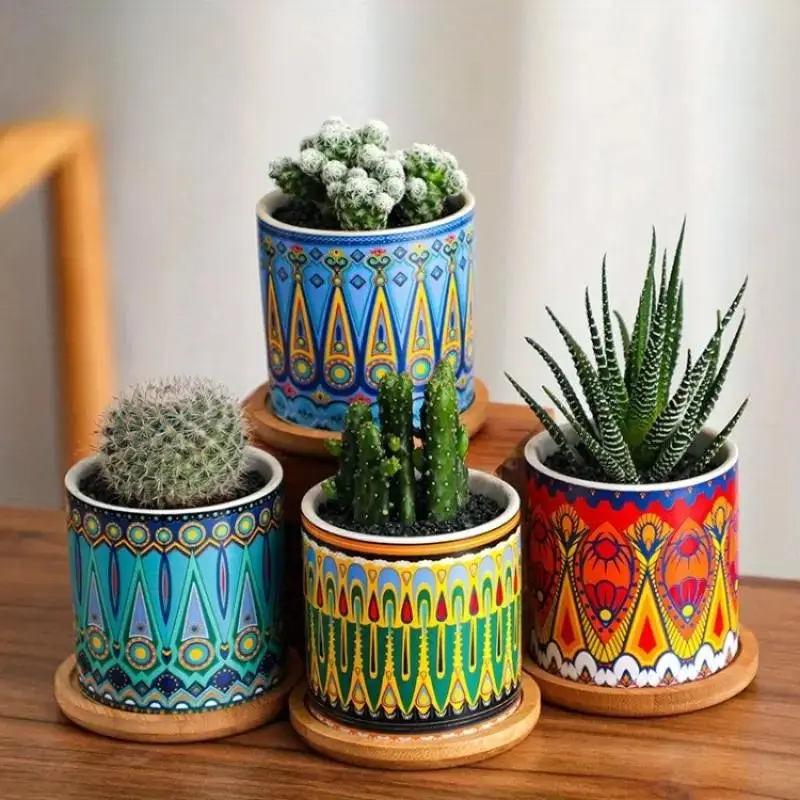 Modern Ceramic Succulent Pots, Nordic Mandala Design, 4-Piece Set, Indoor/outdoor Use, Perfect for Home and Garden Decor, No Plants Included