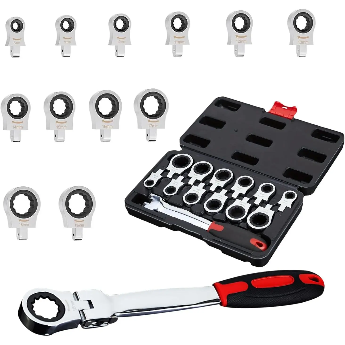 Flex  Ratcheting Wrench set, 12 in 1 Exchangeable Ratchet Set, 8-19mm Metric & SAE Combination Wrench Set for Auto, Mechanic Flexible Wrench Kit, Auto Repair Tools for Men