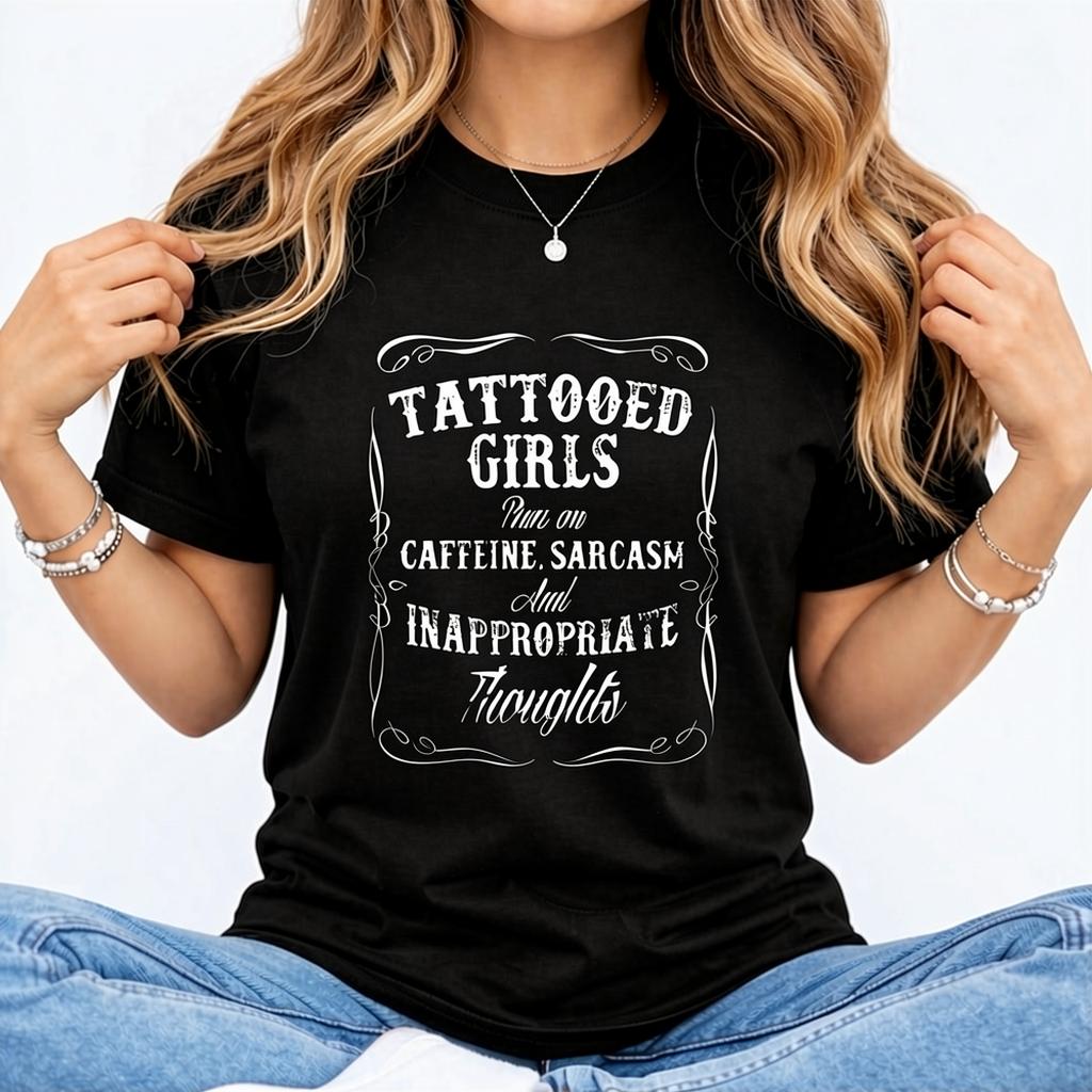 Women's Tattooed Girls Print Round Neck Tee, Vintage Trendy Casual Chic Minimalist Short Sleeve T-shirt for Daily Wear, Ladies Summer, Top, Streetwear, Womenswear