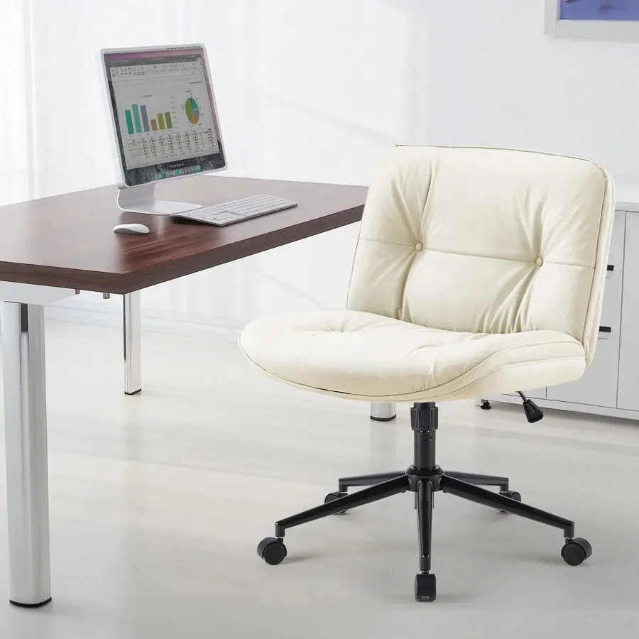 Criss Legged Chair With Wheels, Armless Office Desk PU Leather Wide Seat, Swivel Height Adjustable Comfy Computer Task Seating Modern Luxurious Home Room