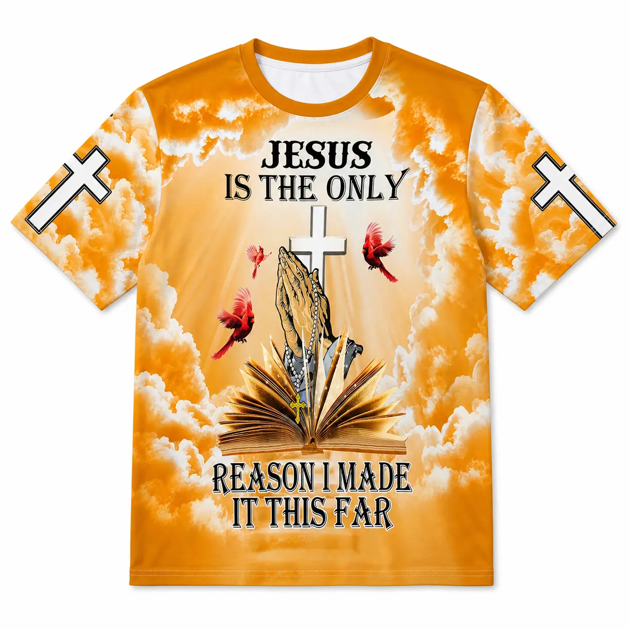 Men's Jesus Is the Only Reason I Made It ThisFar with cross, Bible, praying hands, andcardinals Graphic T-Shirt, Short Sleeve CrewNeck All Over Print Tee, Casual Statement Top,Christian testimony shirt, Jesus graphic tee,faith T-shirt, Bible